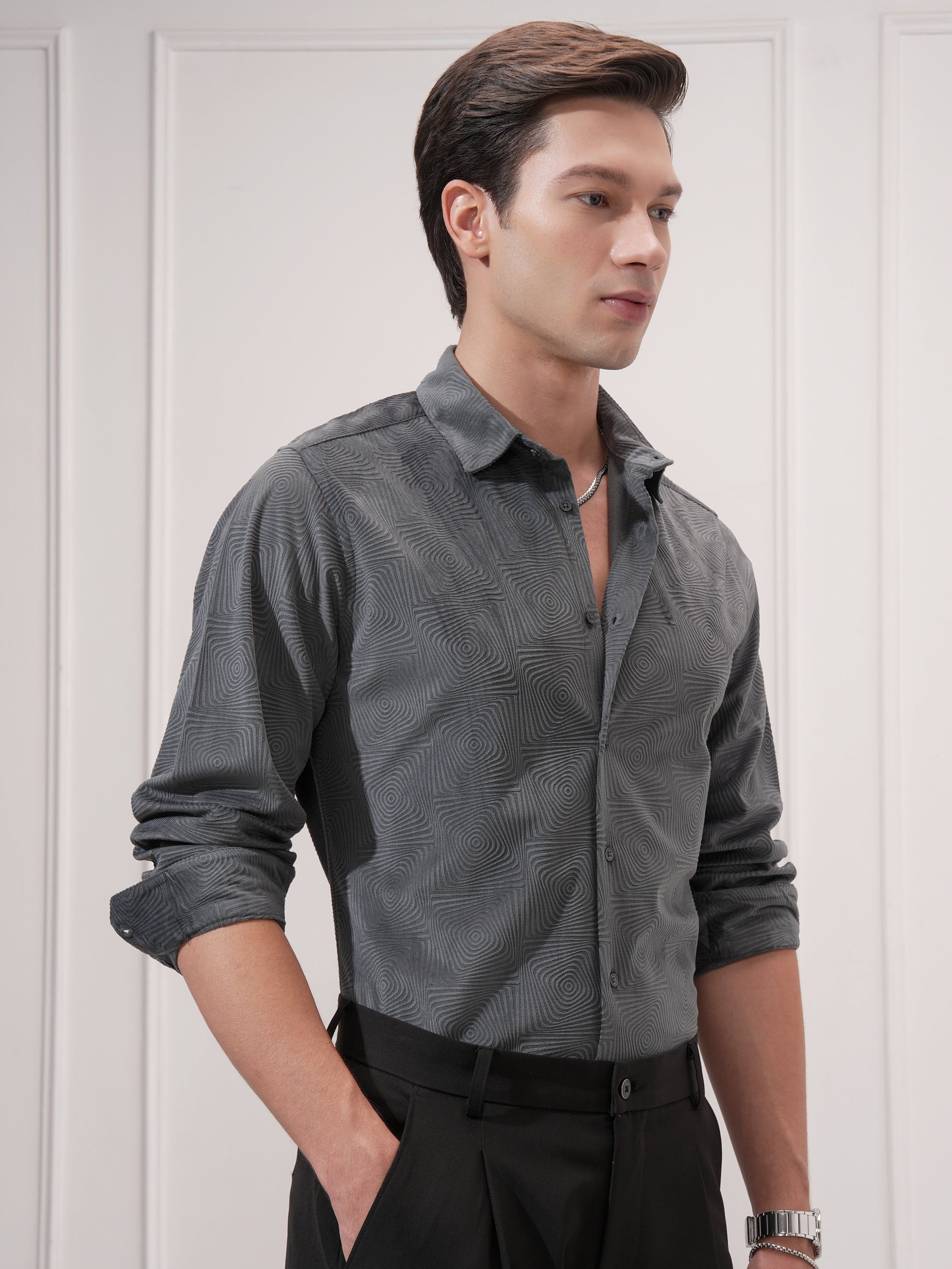 Highlander Men Grey Self Design Slim Fit Casual Shirt - Grey - Image 6