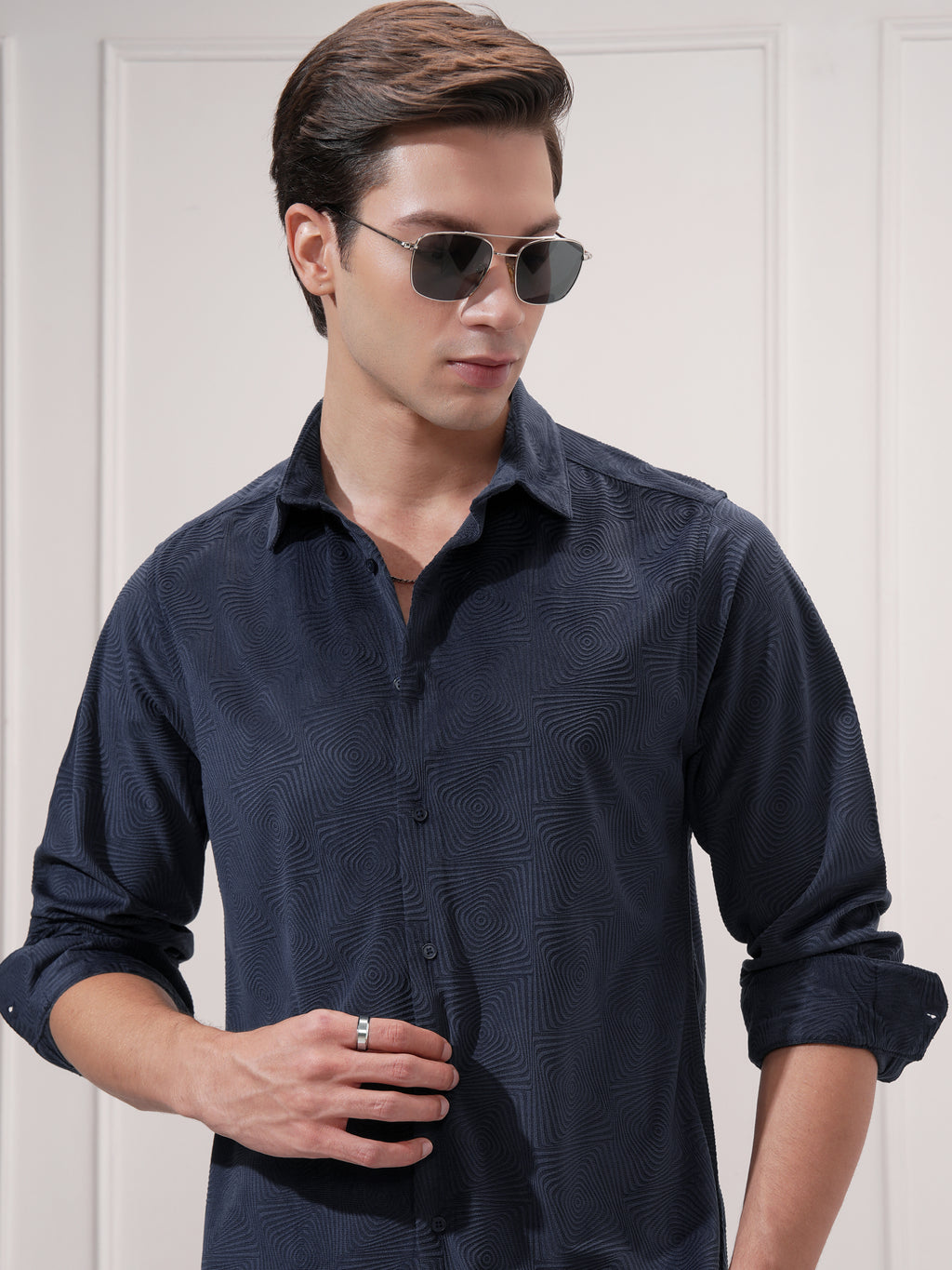 Highlander Men Navy Blue Self Design Slim Fit Casual Shirt - Navy Blue - Image 1