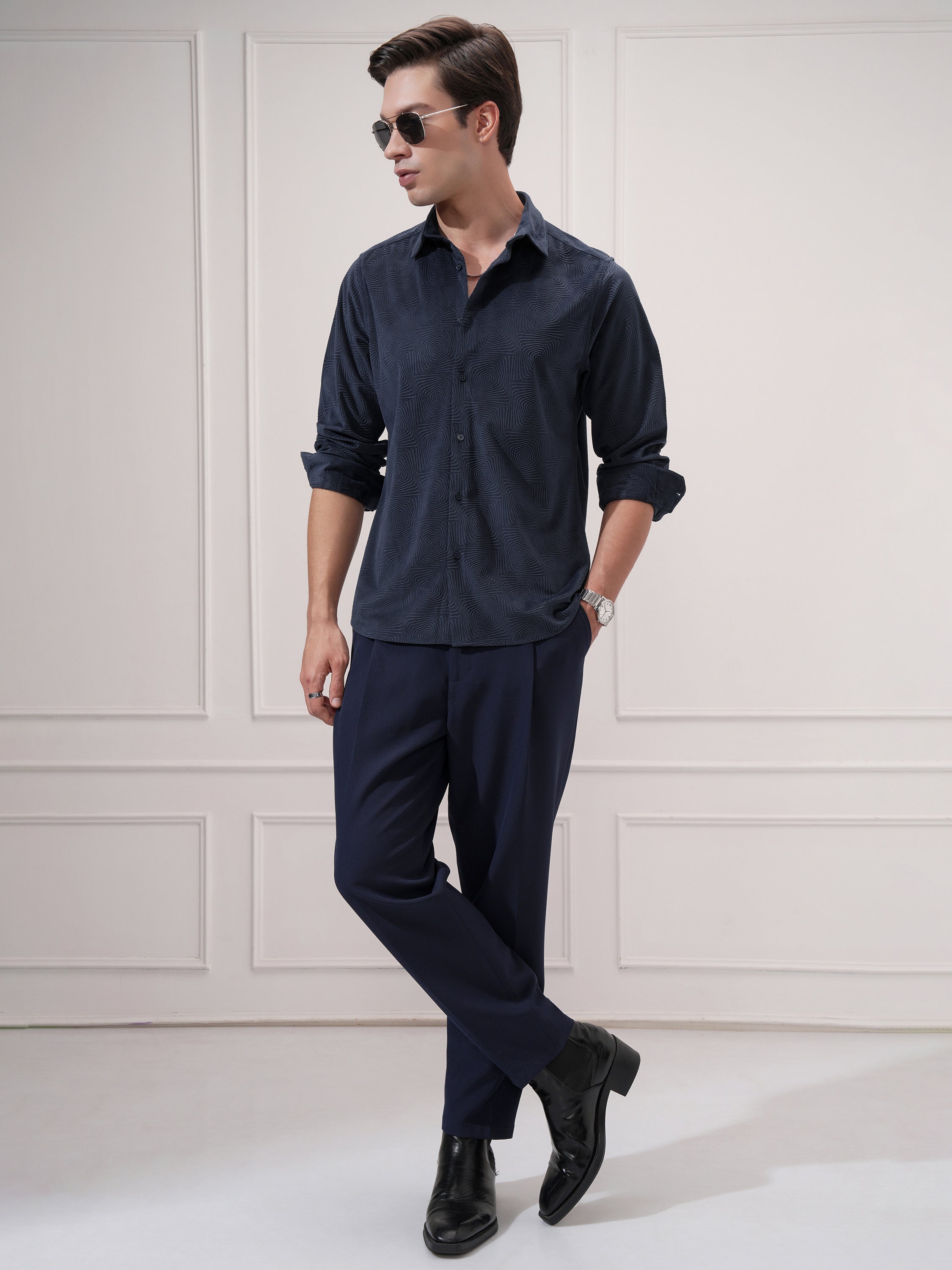 Highlander Men Navy Blue Self Design Slim Fit Casual Shirt - Navy Blue - Image 2