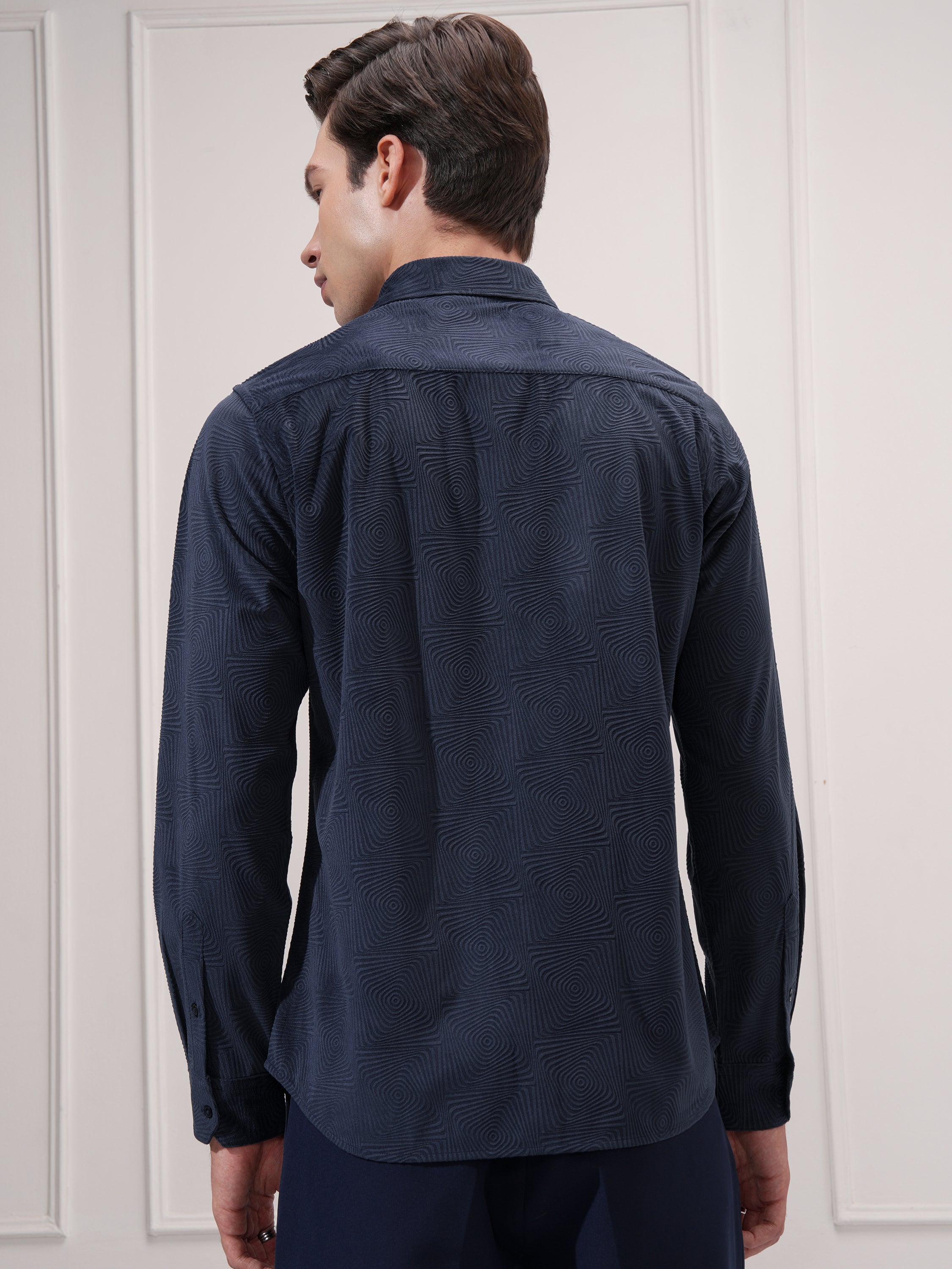 Highlander Men Navy Blue Self Design Slim Fit Casual Shirt - Navy Blue - Image 3
