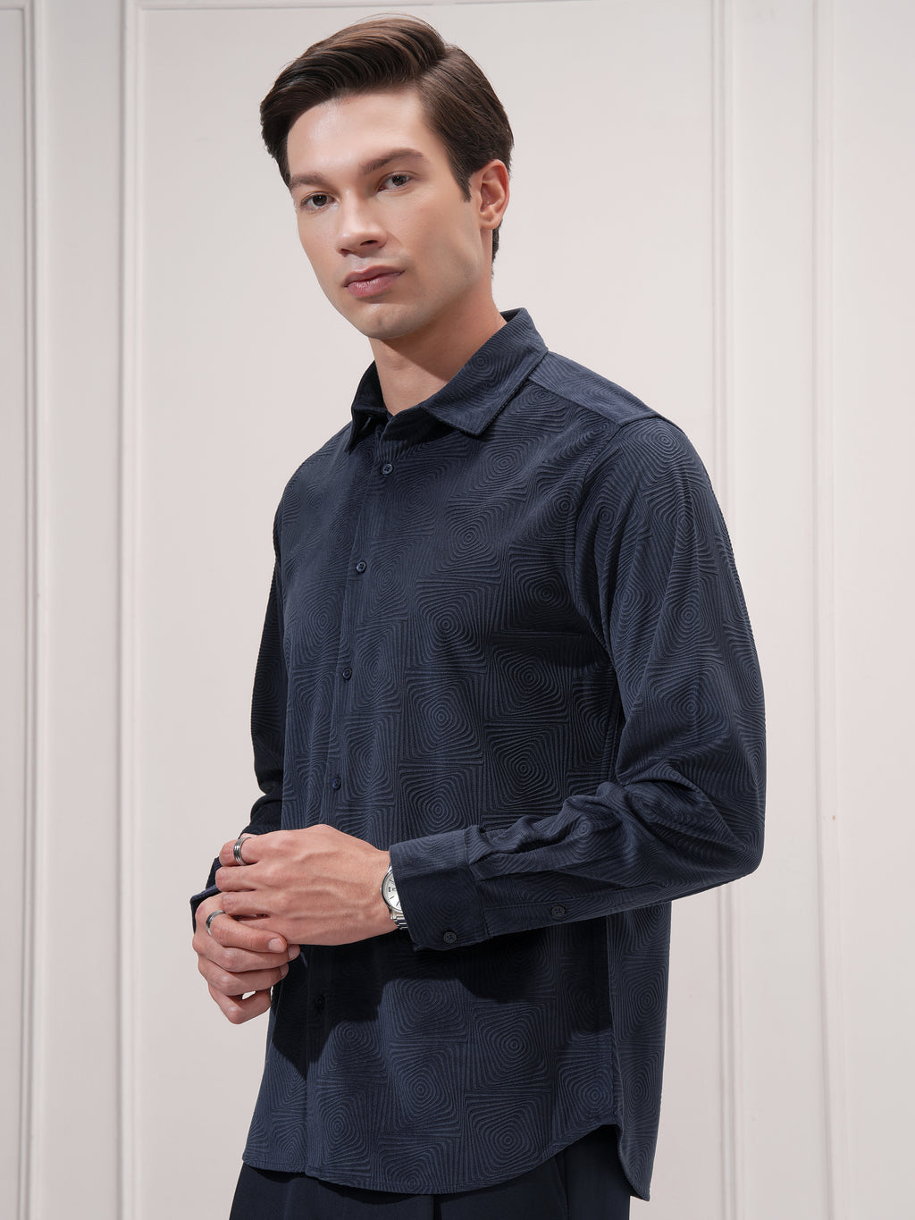 Highlander Men Navy Blue Self Design Slim Fit Casual Shirt - Navy Blue - Image 4