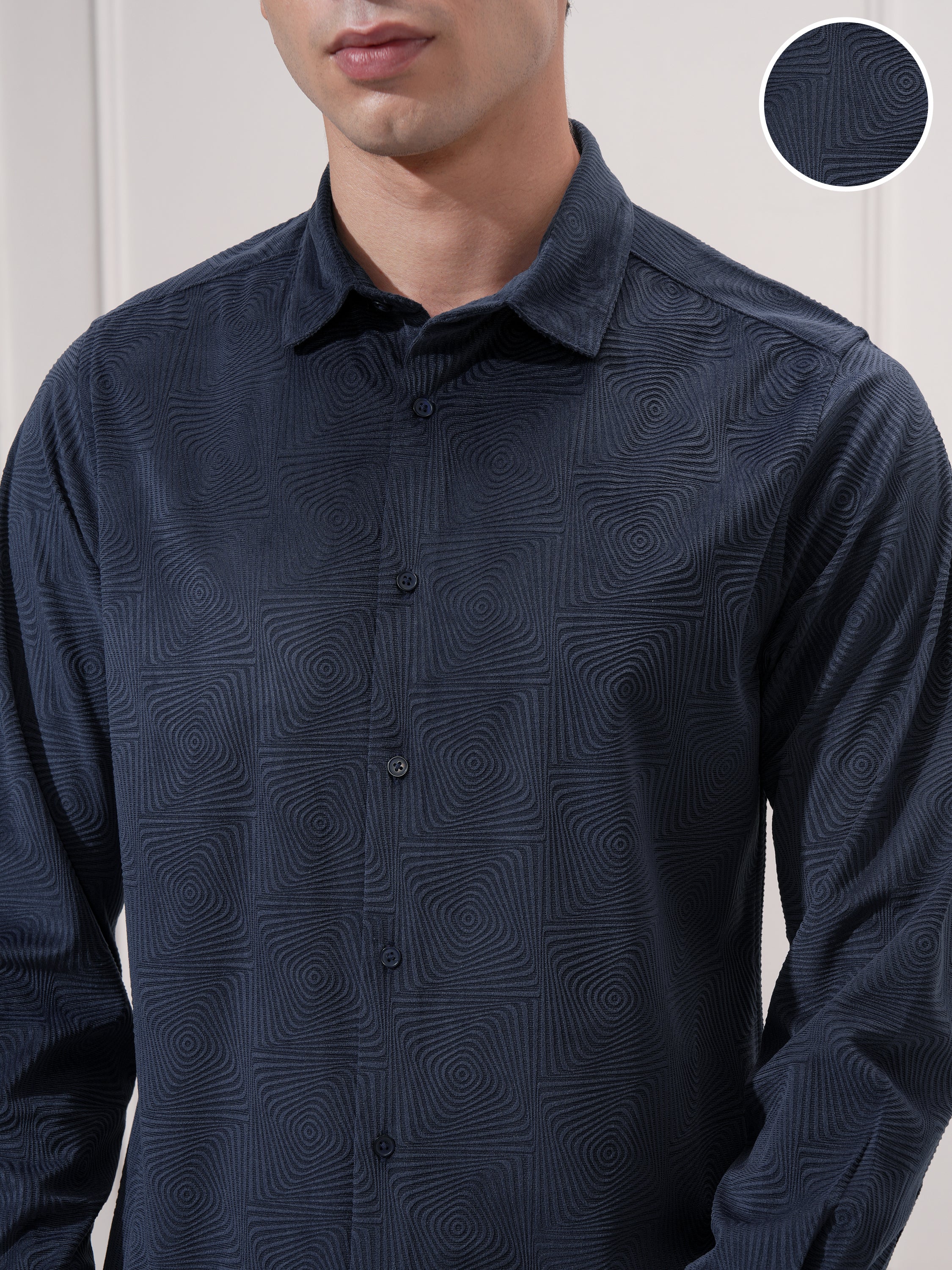 Highlander Men Navy Blue Self Design Slim Fit Casual Shirt - Navy Blue - Image 5