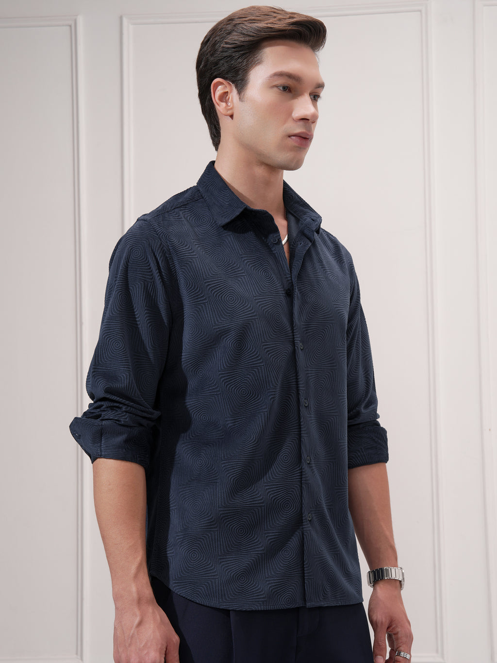 Highlander Men Navy Blue Self Design Slim Fit Casual Shirt - Navy Blue - Image 6