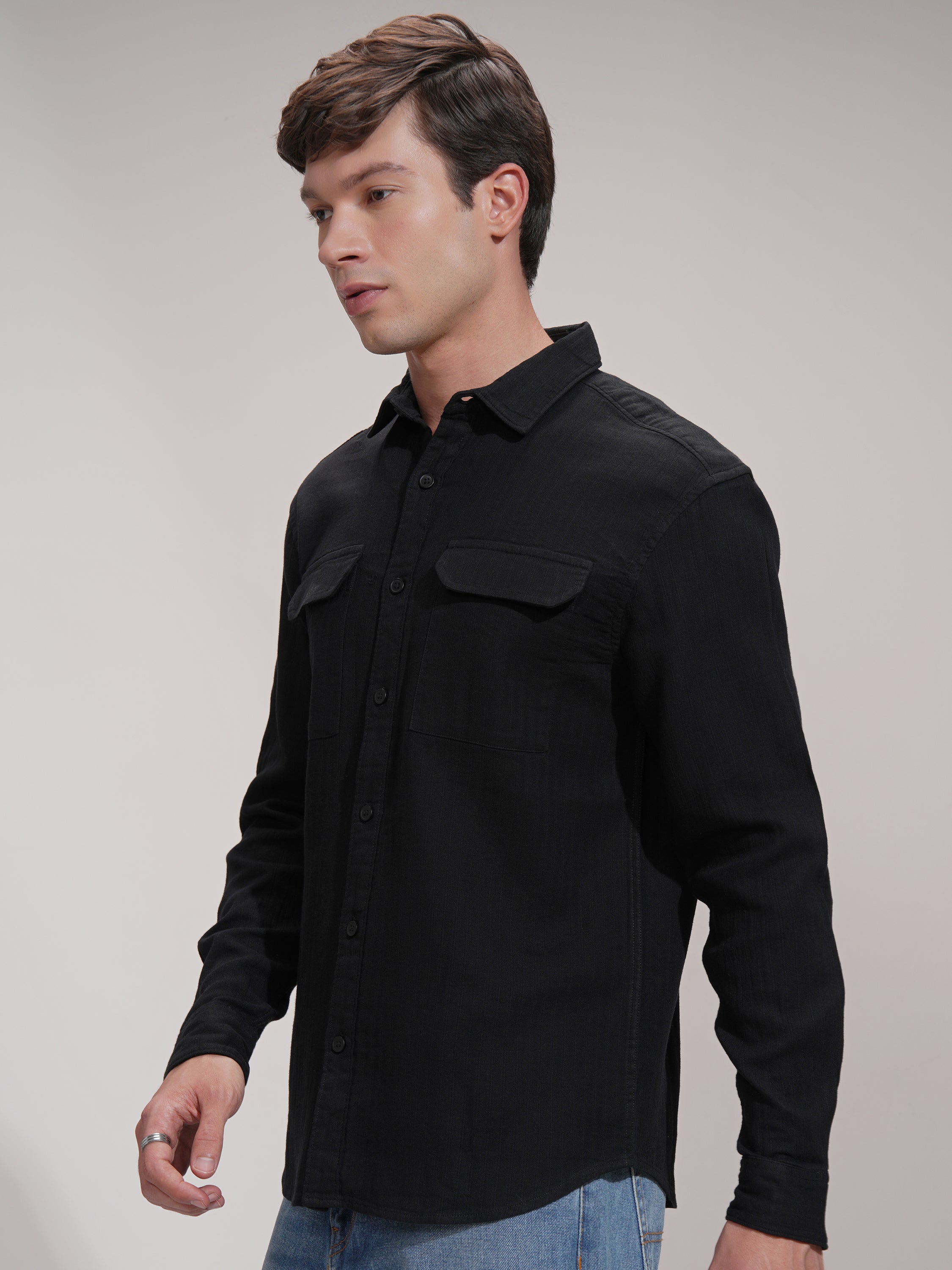 Highlander Men Black Solid Slim Fit Casual Shirt - Black - Image 4
