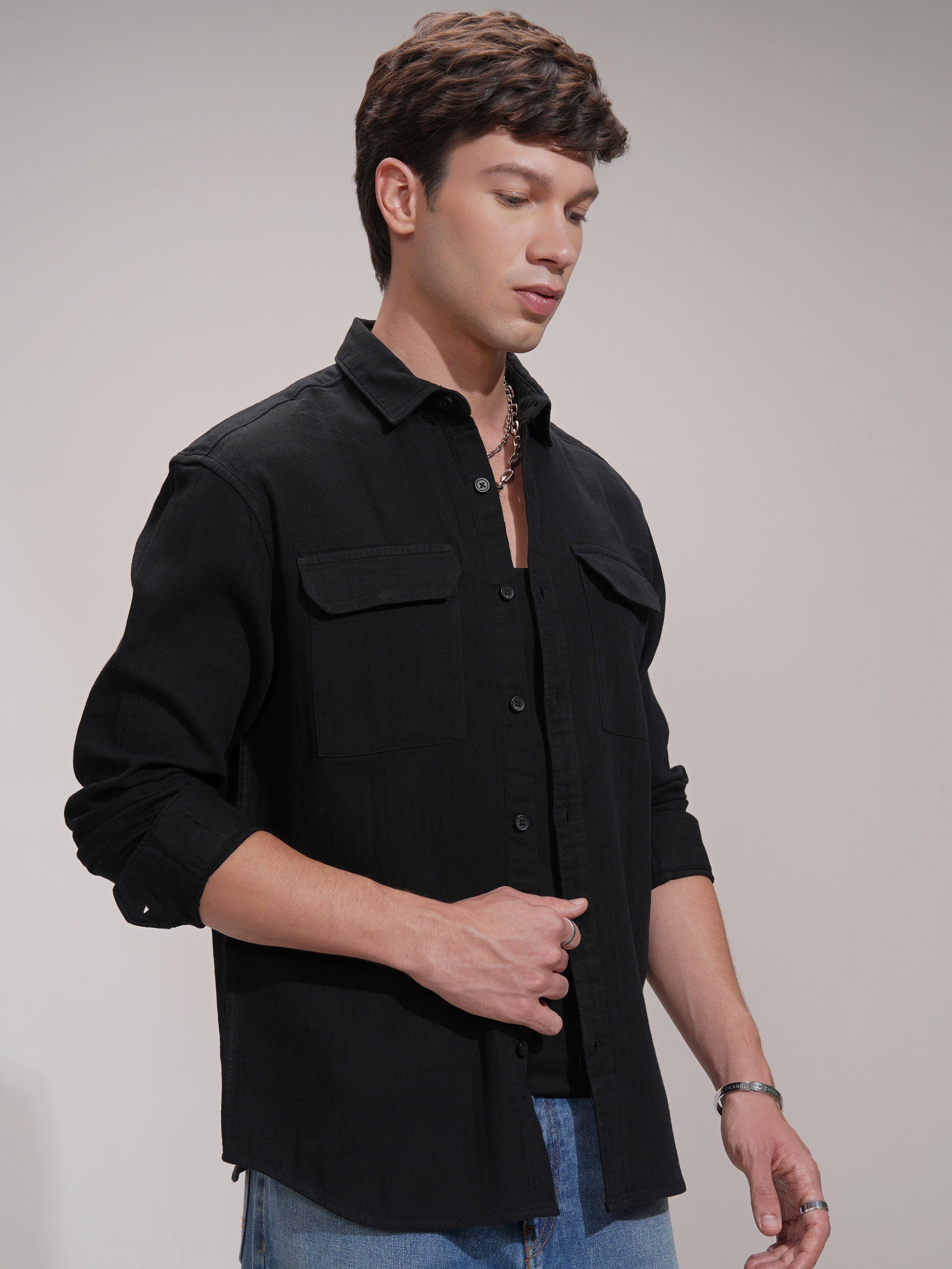 Highlander Men Black Solid Slim Fit Casual Shirt - Black - Image 6