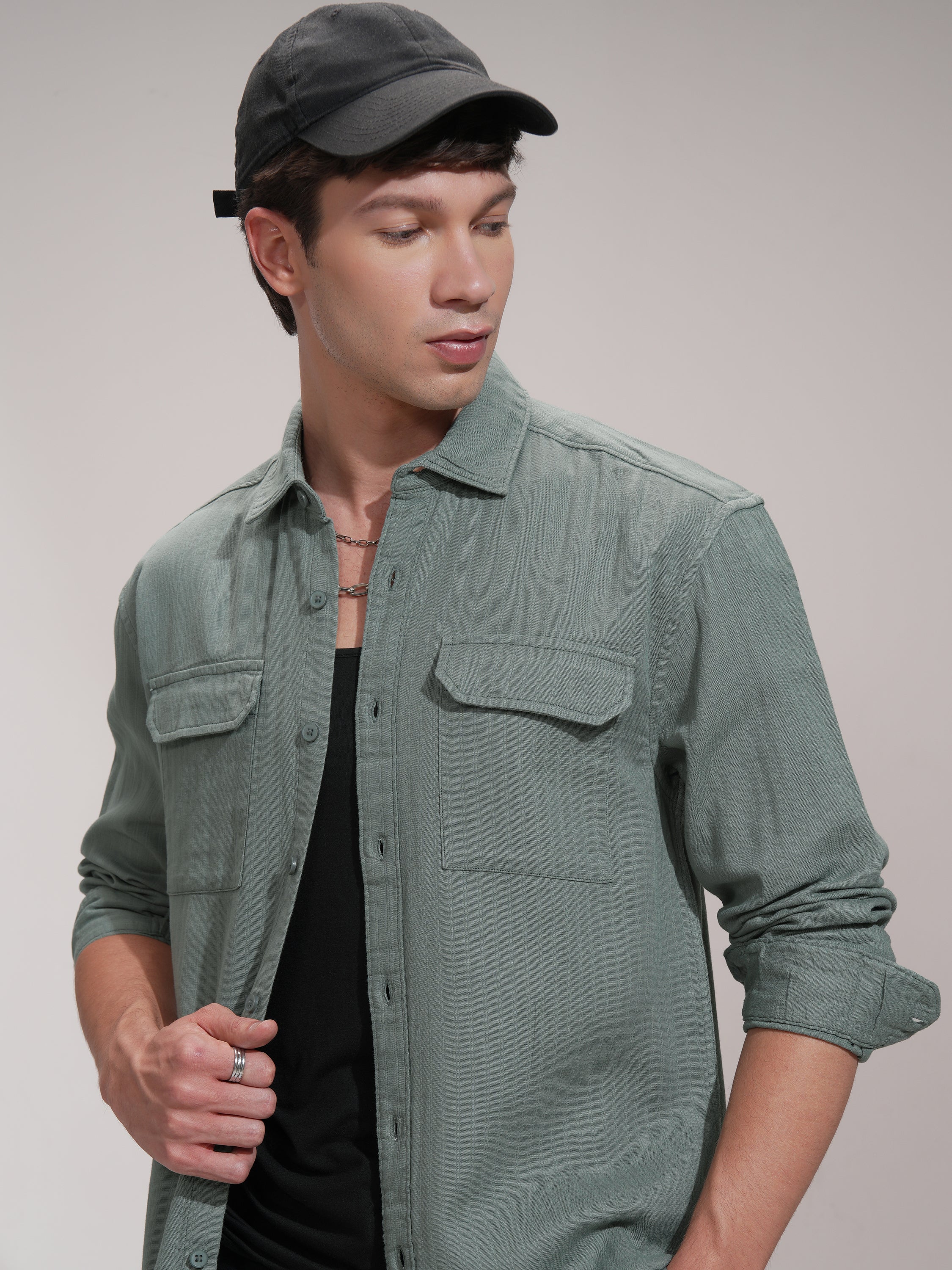 Highlander Men Green Striped Slim Fit Casual Shirt - Green - Image 1