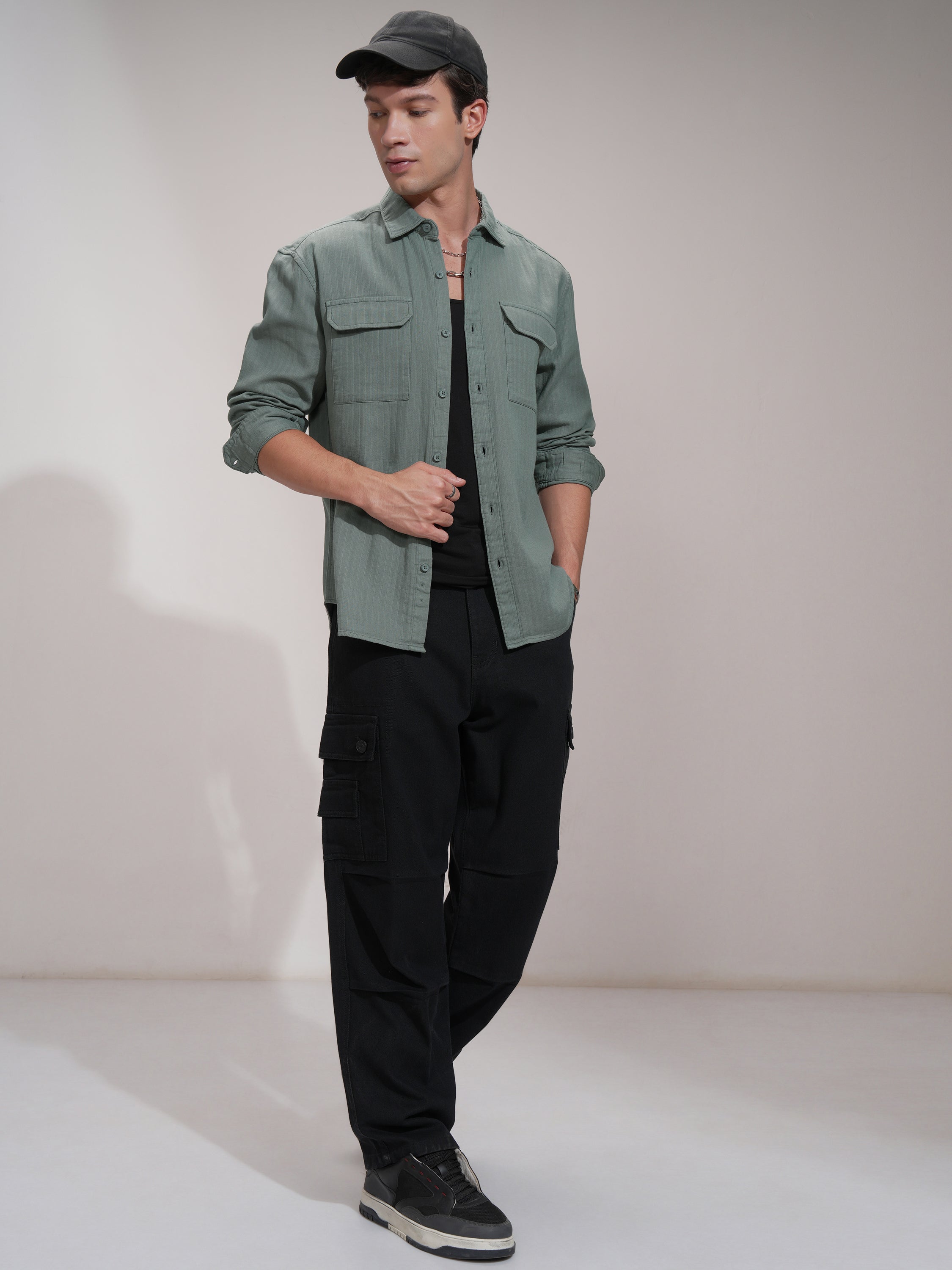 Highlander Men Green Striped Slim Fit Casual Shirt - Green - Image 2