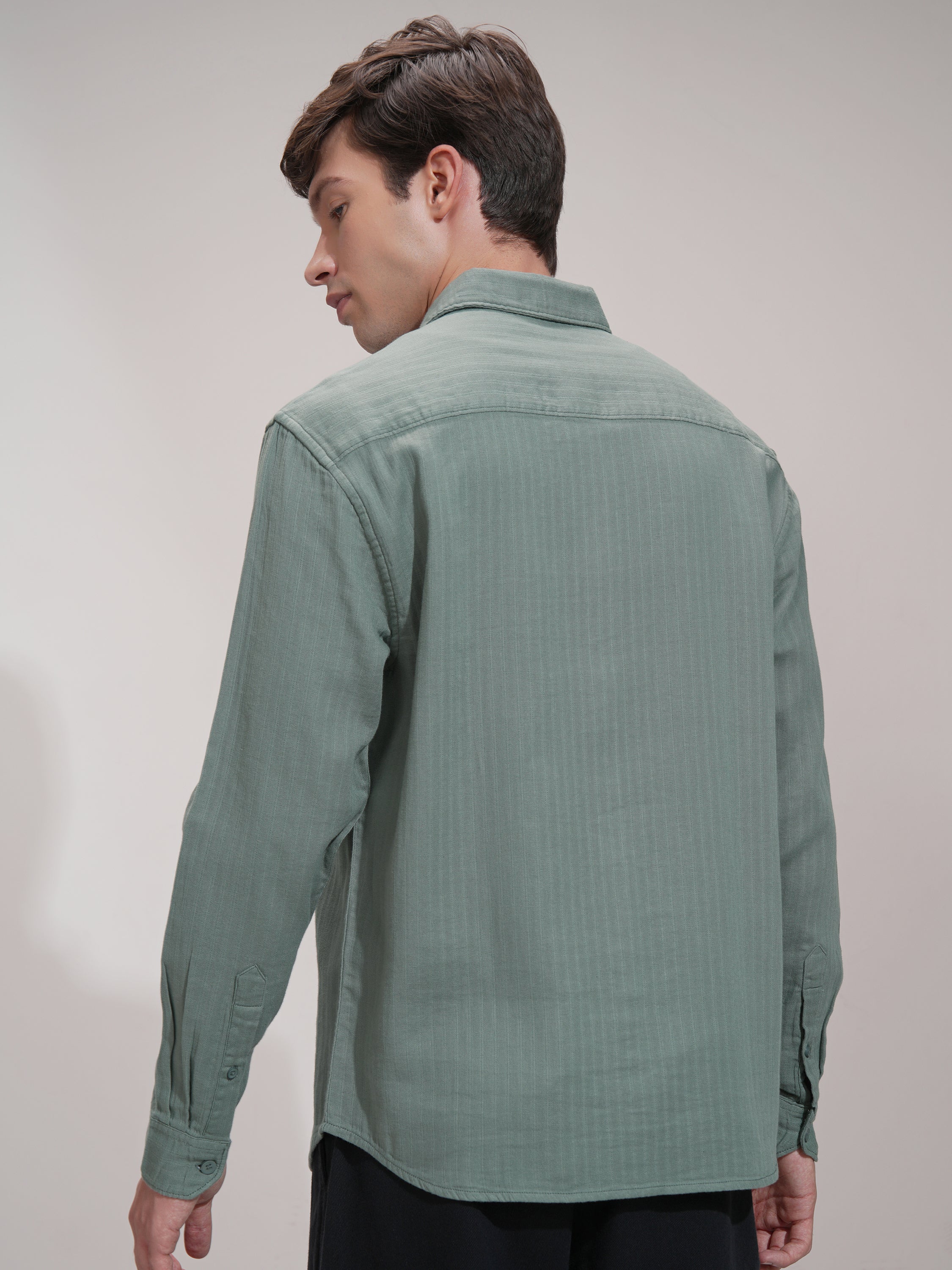 Highlander Men Green Striped Slim Fit Casual Shirt - Green - Image 3