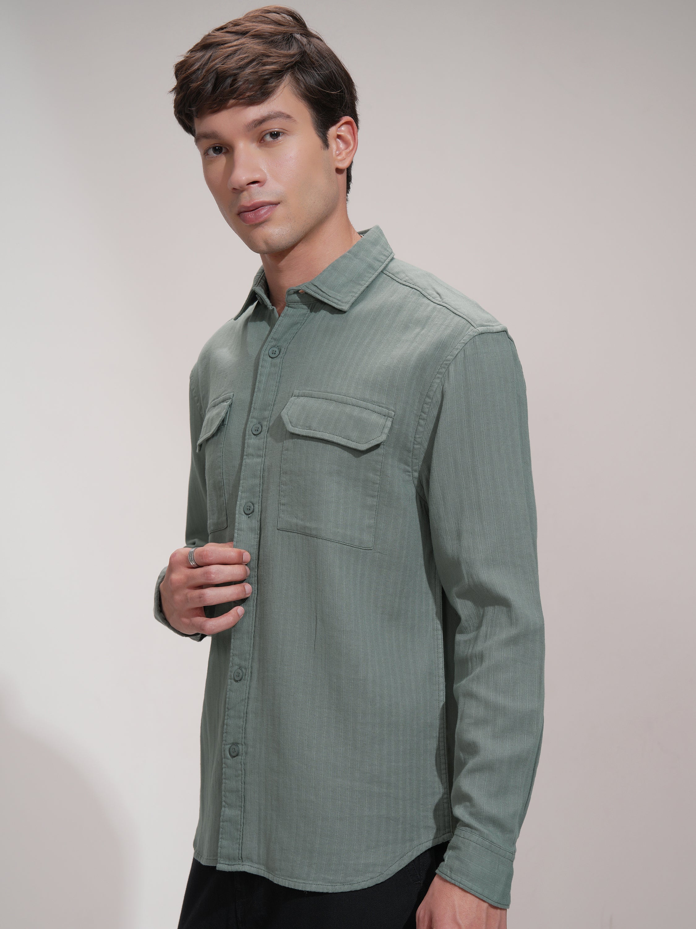 Highlander Men Green Striped Slim Fit Casual Shirt - Green - Image 4