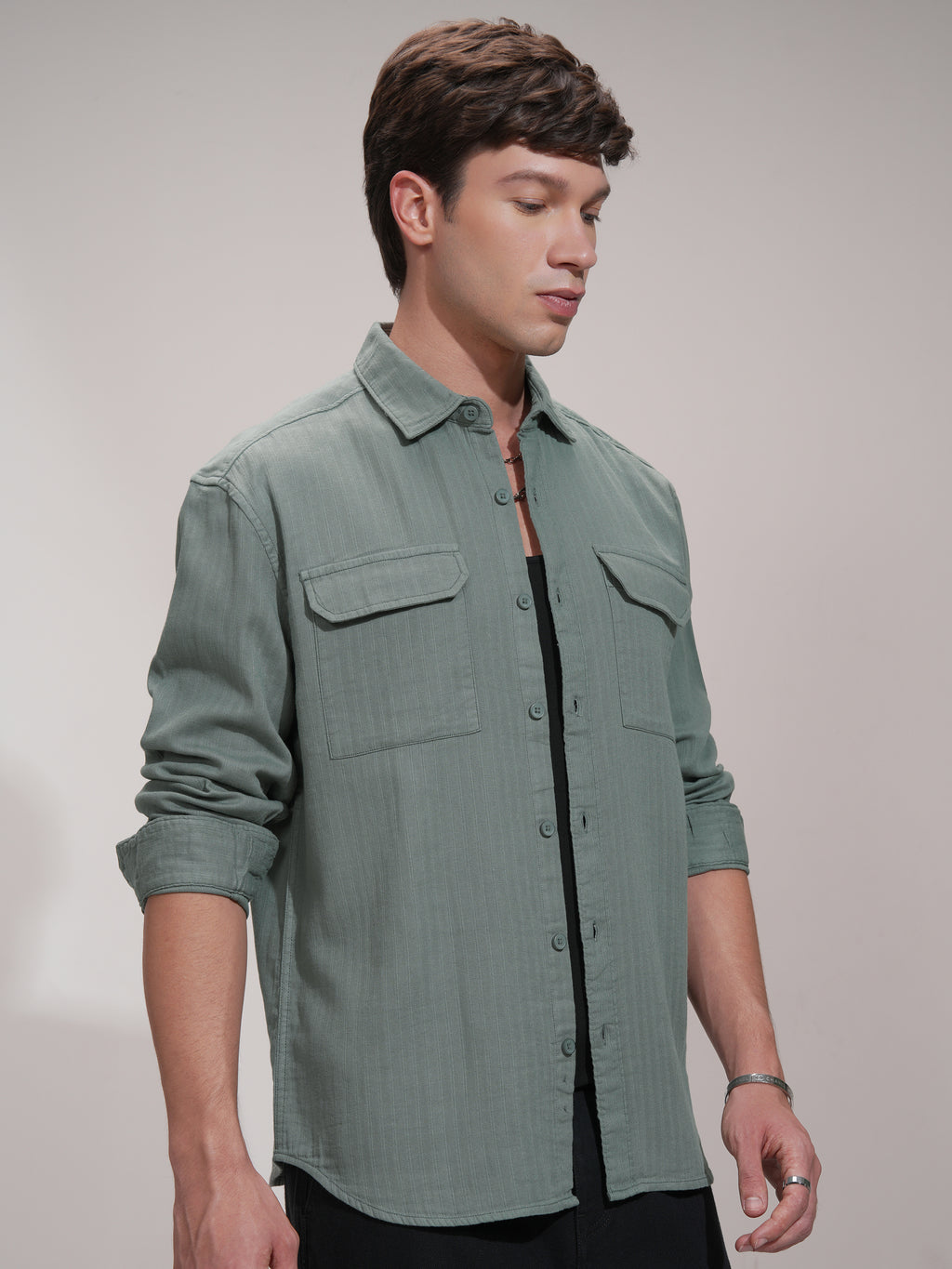 Highlander Men Green Striped Slim Fit Casual Shirt - Green - Image 6