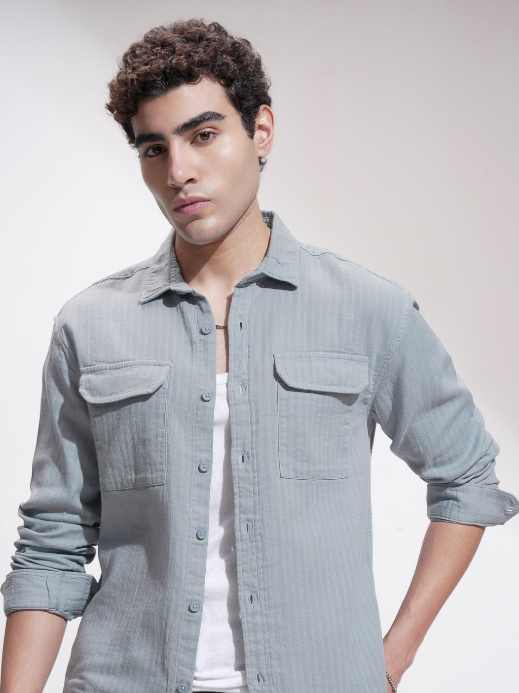 Highlander Men Grey Self Design Slim Fit Casual Shirt - Grey - Image 1