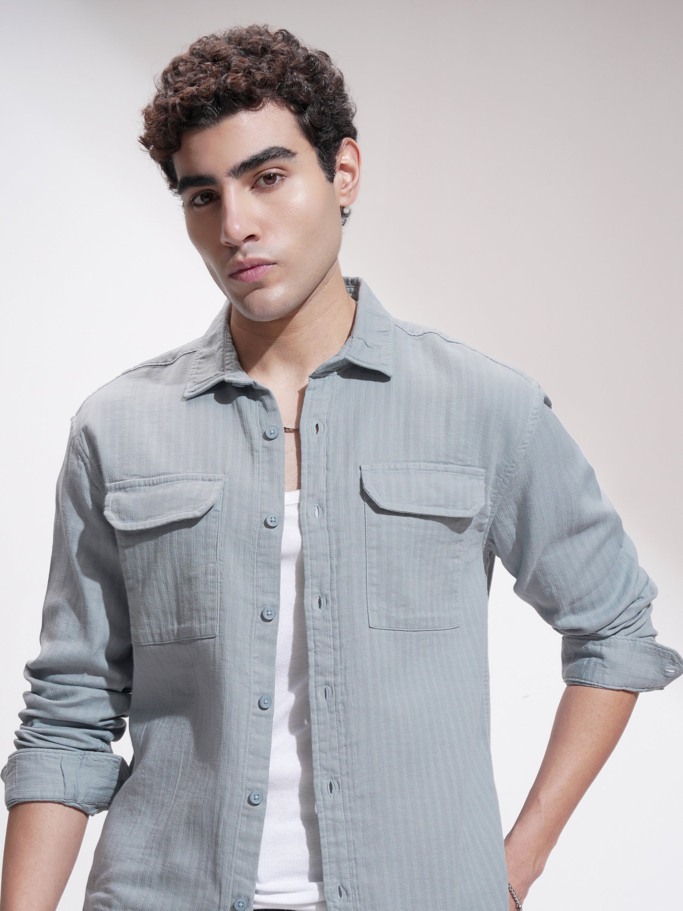 Highlander Men Grey Self Design Slim Fit Casual Shirt - Grey - Image 1