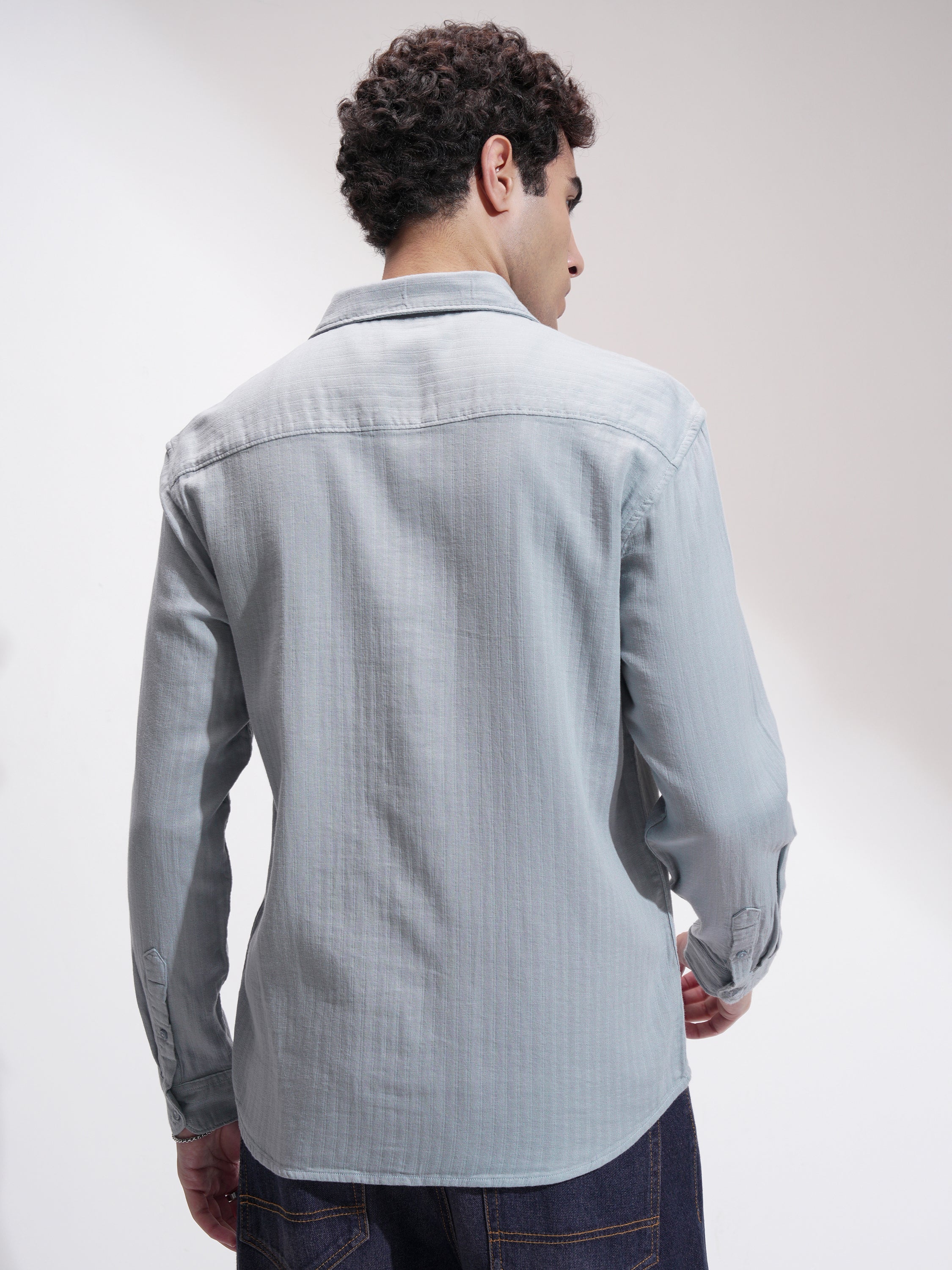 Highlander Men Grey Self Design Slim Fit Casual Shirt - Grey - Image 3
