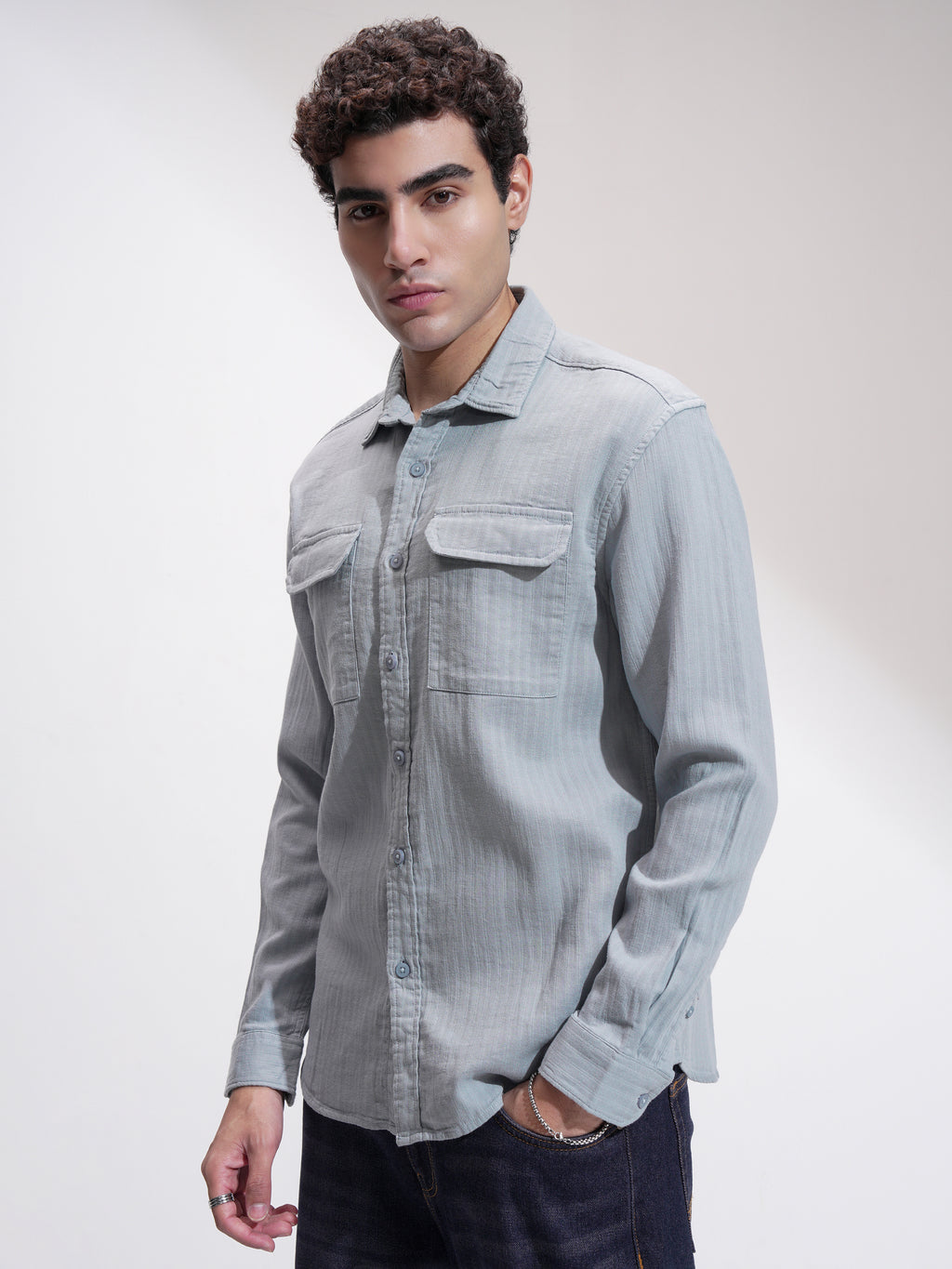 Highlander Men Grey Self Design Slim Fit Casual Shirt - Grey - Image 4