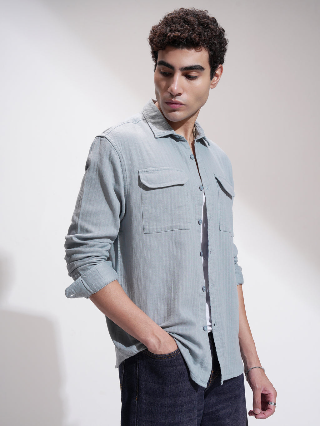 Highlander Men Grey Self Design Slim Fit Casual Shirt - Grey - Image 6