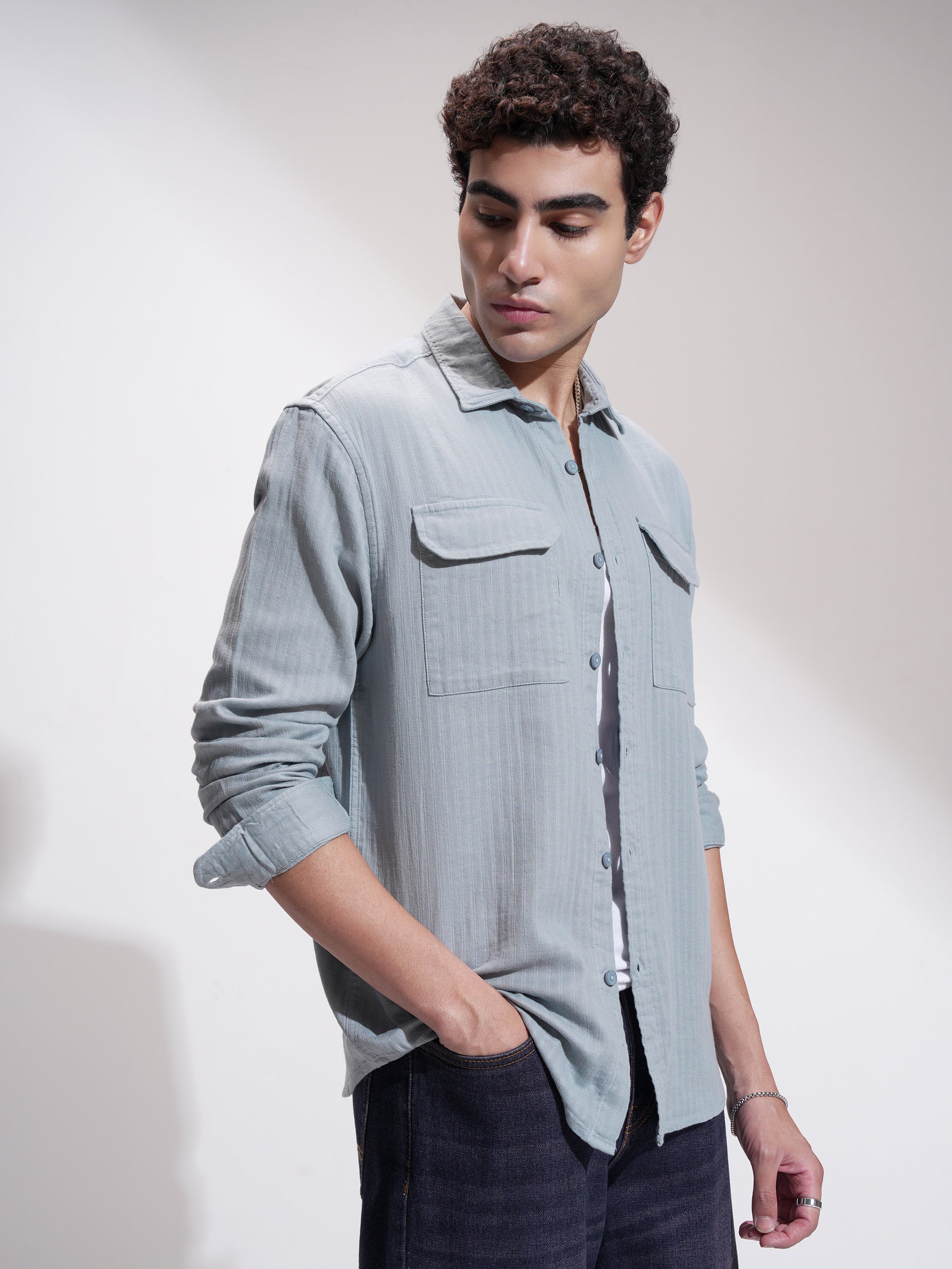 Highlander Men Grey Self Design Slim Fit Casual Shirt - Grey - Image 6