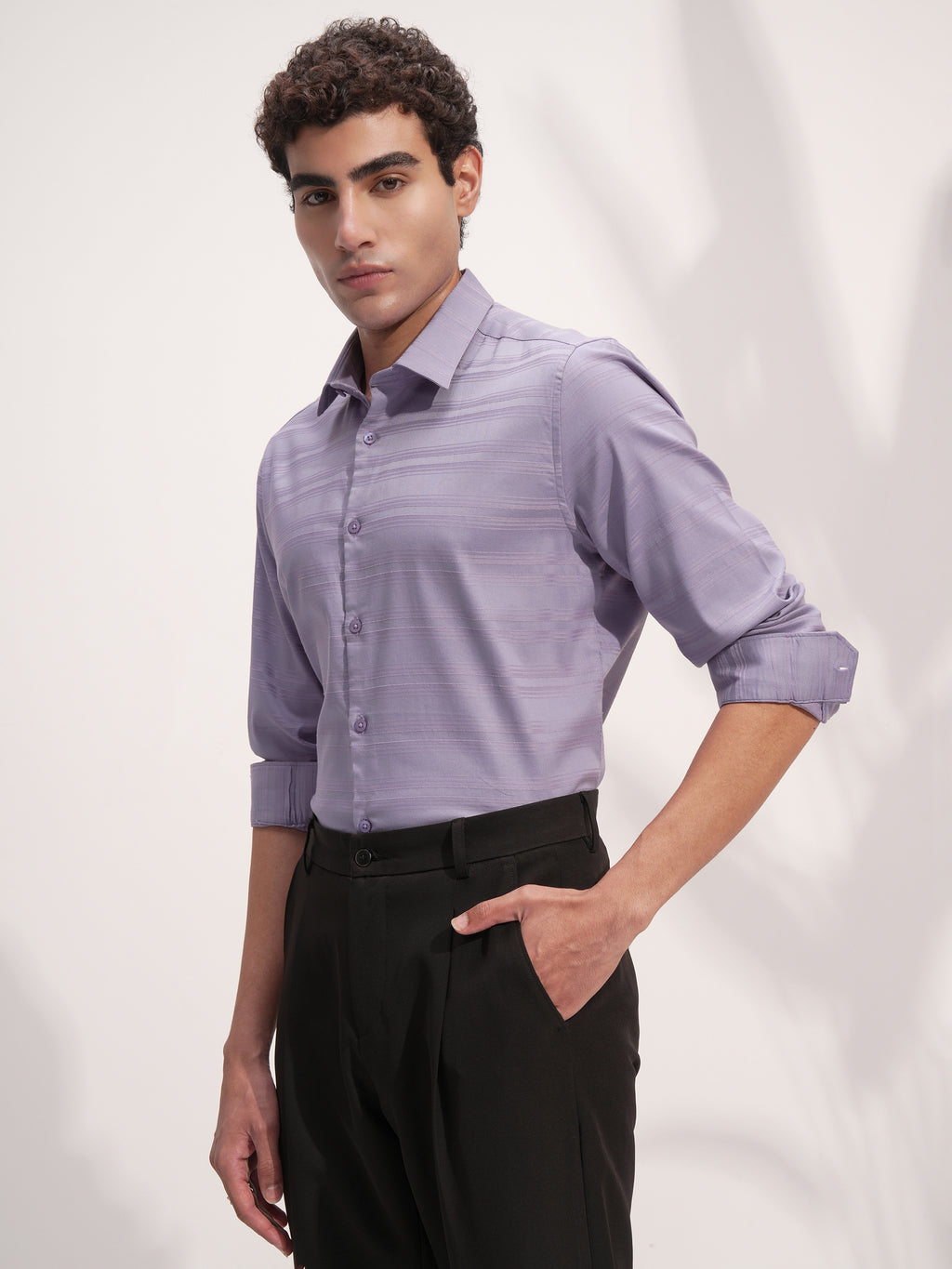 Highlander Men Lavender Self Design Slim Fit Casual Shirt - Lavender - Image 4