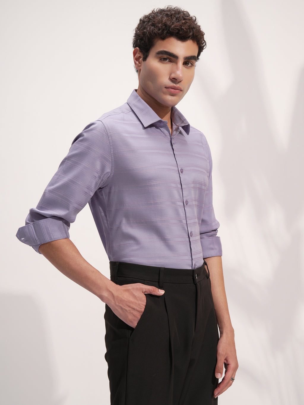 Highlander Men Lavender Self Design Slim Fit Casual Shirt - Lavender - Image 6