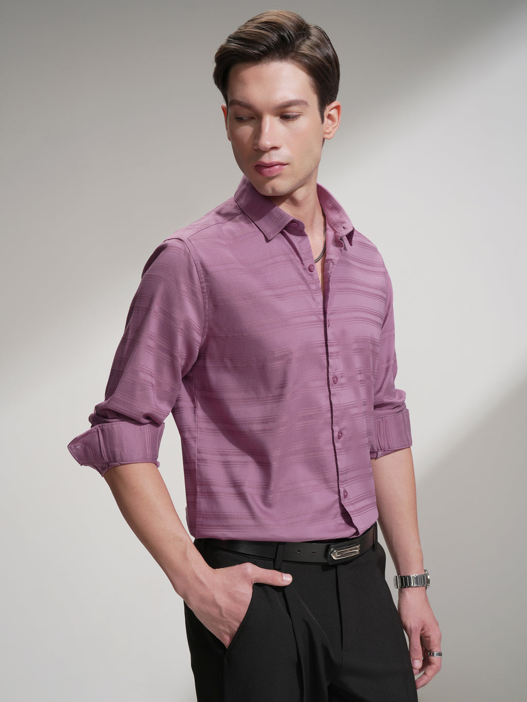Highlander Men Pink Striped Slim Fit Casual Shirt - Pink - Image 6