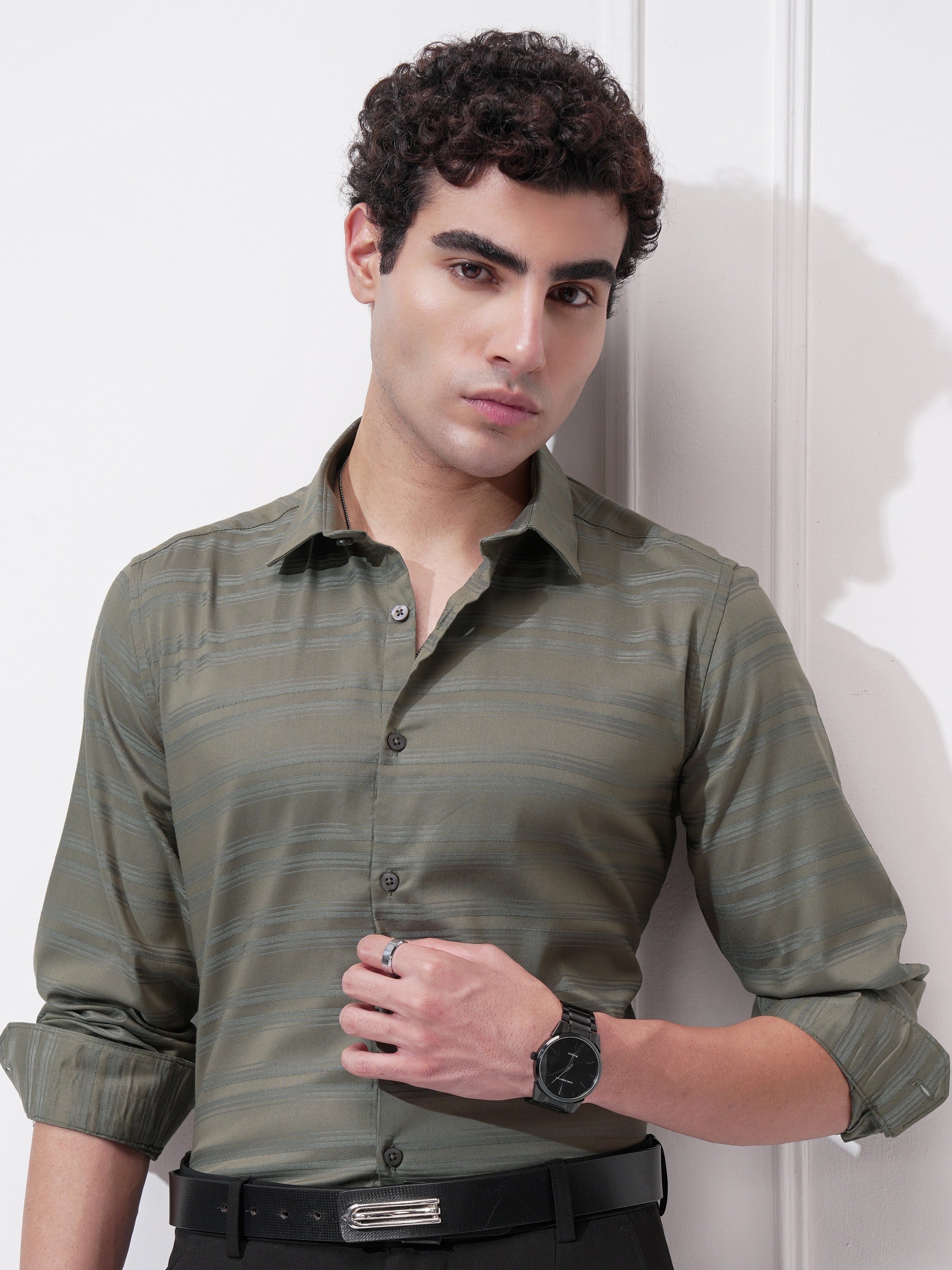 Highlander Men Olive Striped Slim Fit Casual Shirt - Olive - Image 1