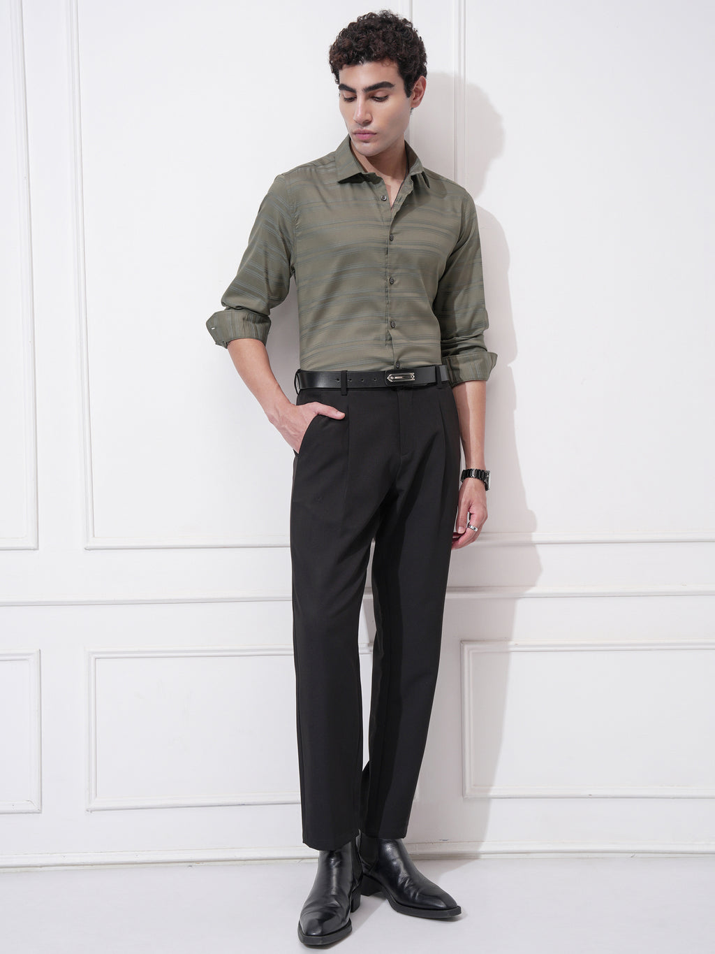 Highlander Men Olive Striped Slim Fit Casual Shirt - Olive - Image 2