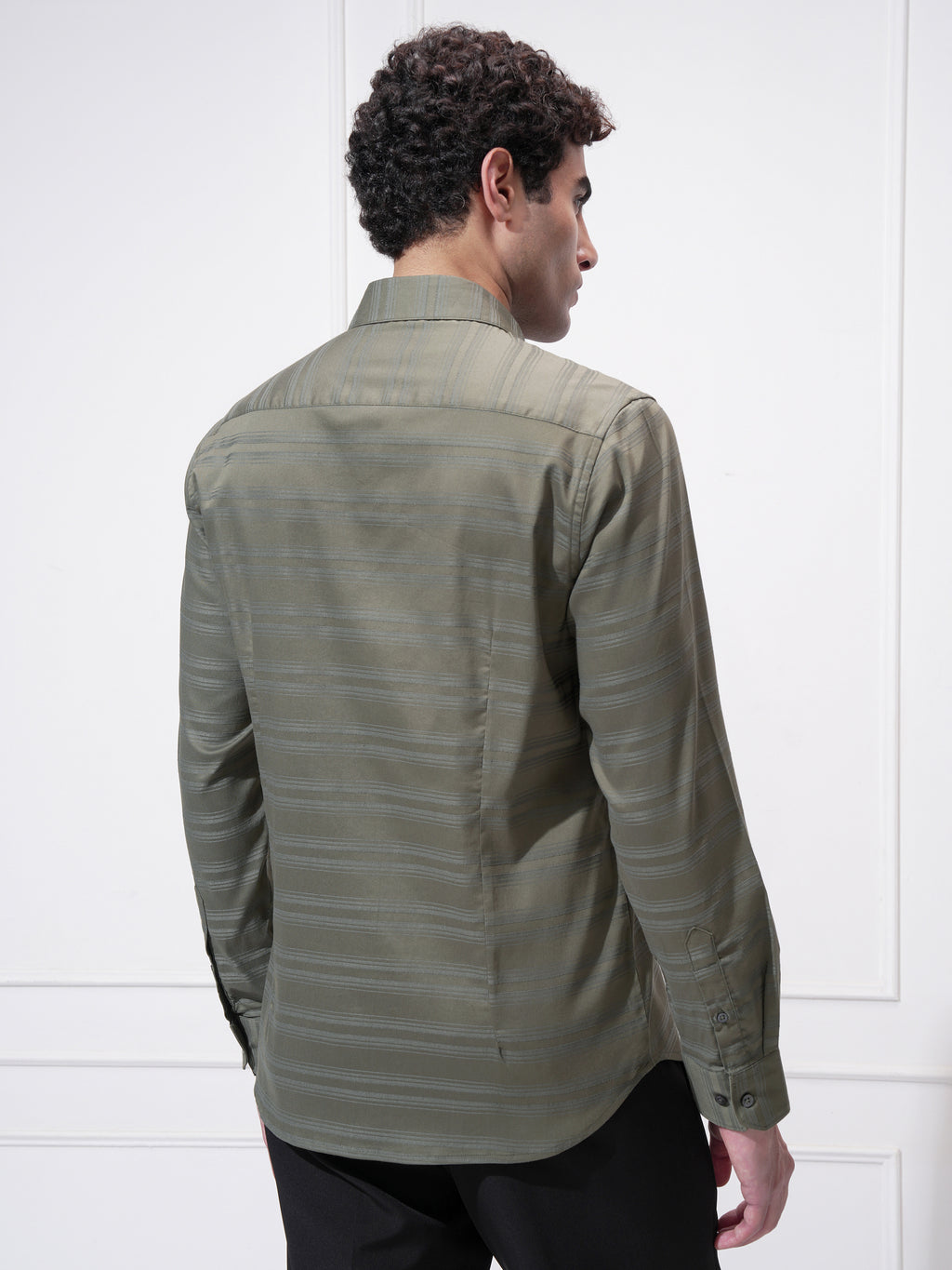 Highlander Men Olive Striped Slim Fit Casual Shirt - Olive - Image 3