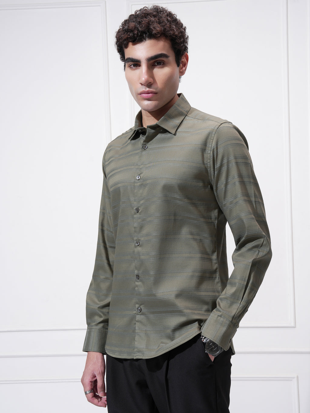 Highlander Men Olive Striped Slim Fit Casual Shirt - Olive - Image 4