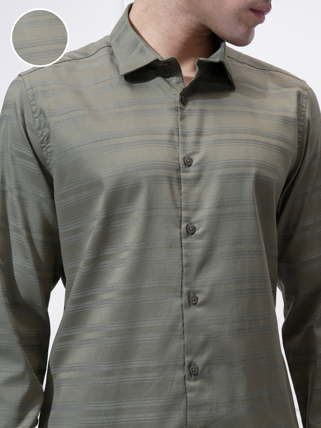 Highlander Men Olive Striped Slim Fit Casual Shirt - Olive - Image 5