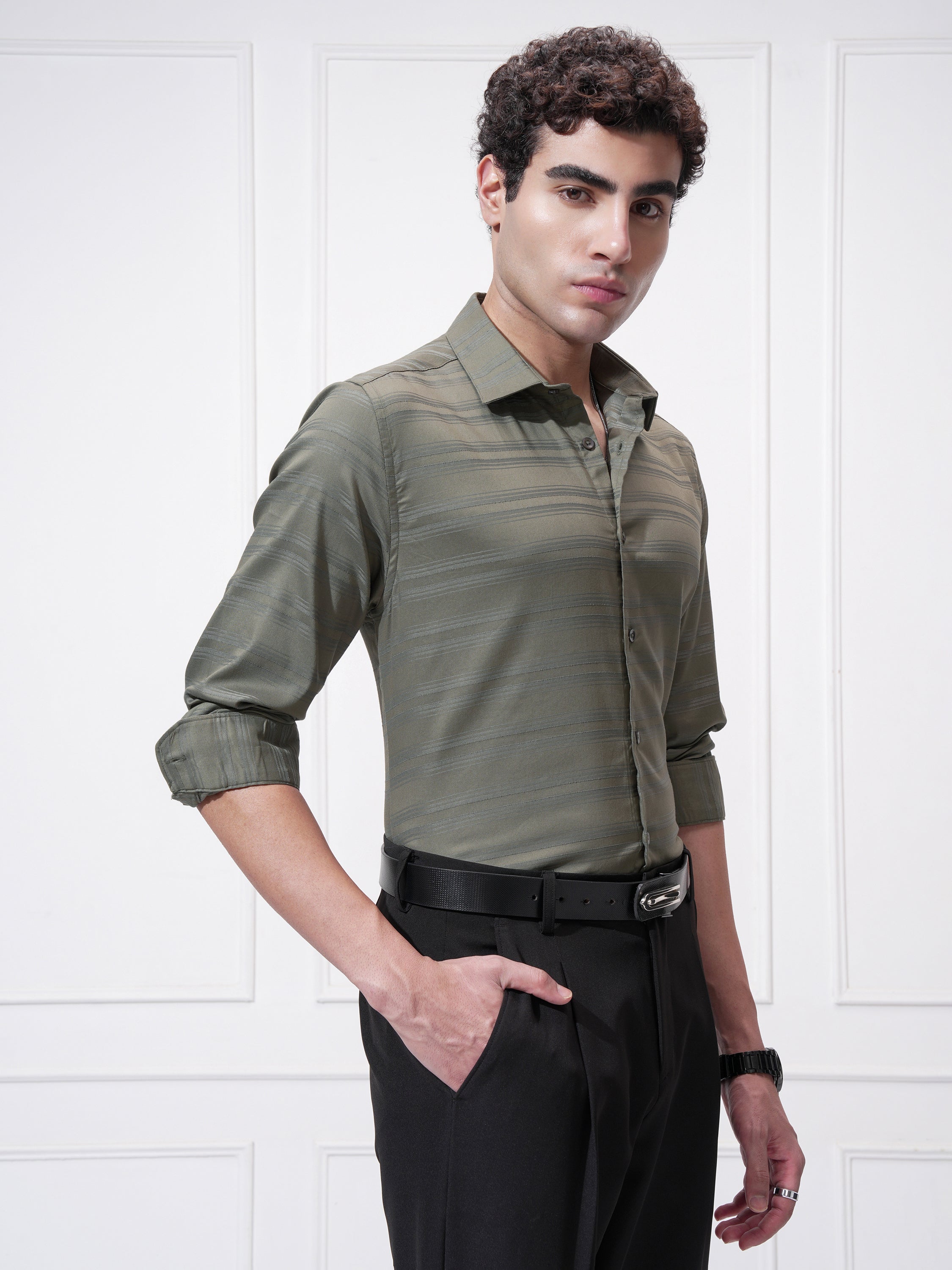 Highlander Men Olive Striped Slim Fit Casual Shirt - Olive - Image 6