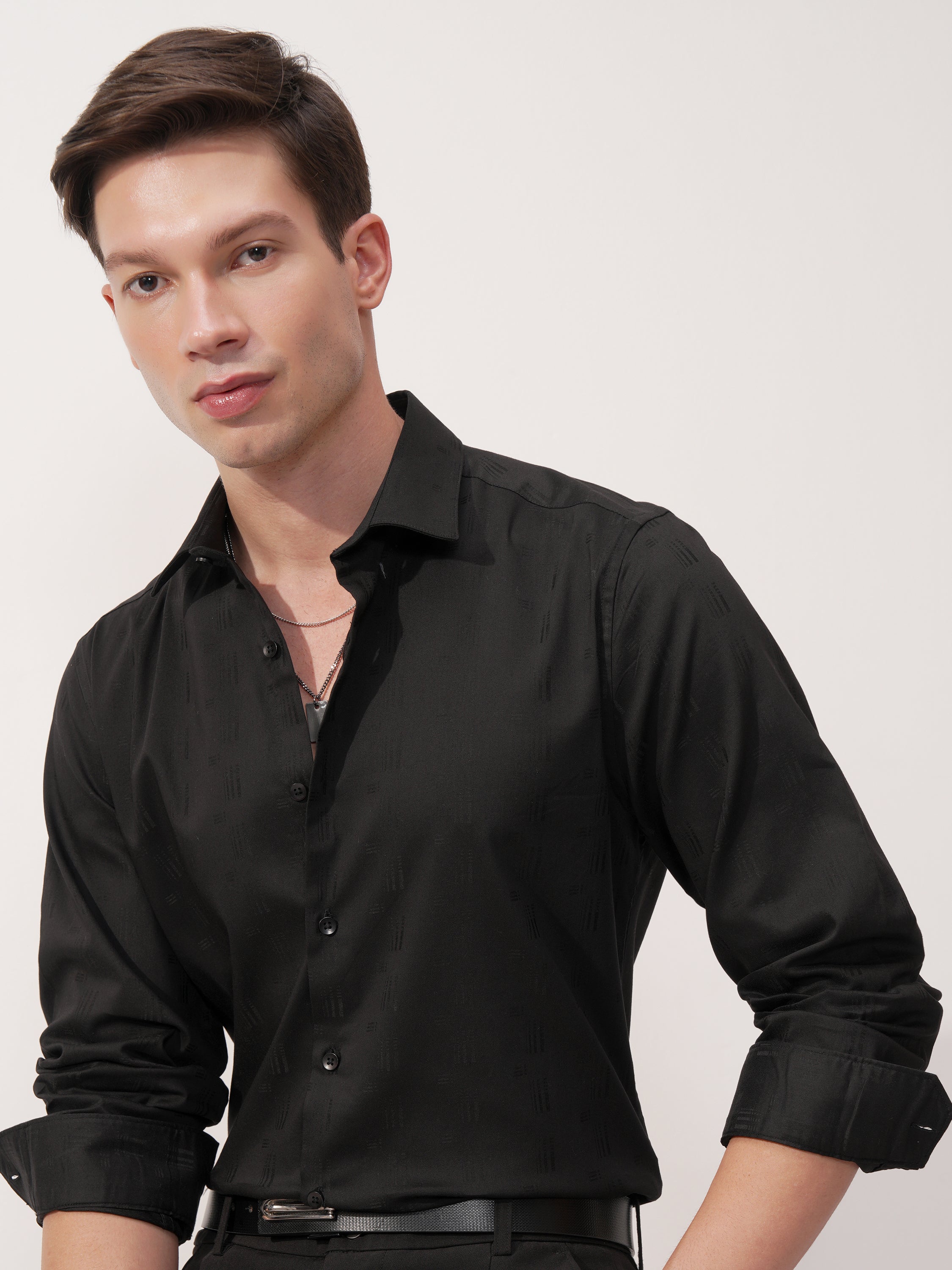 Highlander Men Black Self Design Slim Fit Casual Shirt - Black - Image 1
