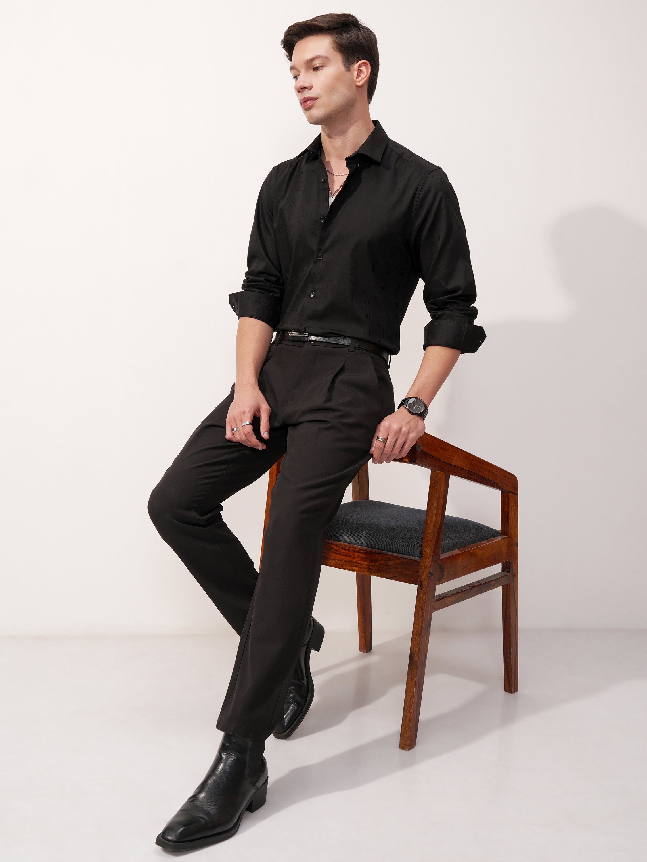 Highlander Men Black Self Design Slim Fit Casual Shirt - Black - Image 2