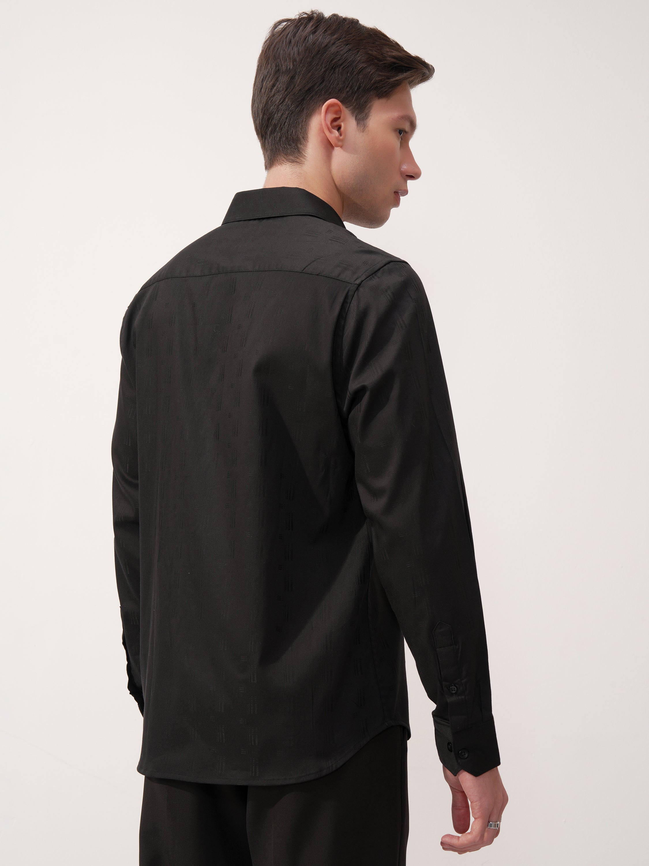 Highlander Men Black Self Design Slim Fit Casual Shirt - Black - Image 3
