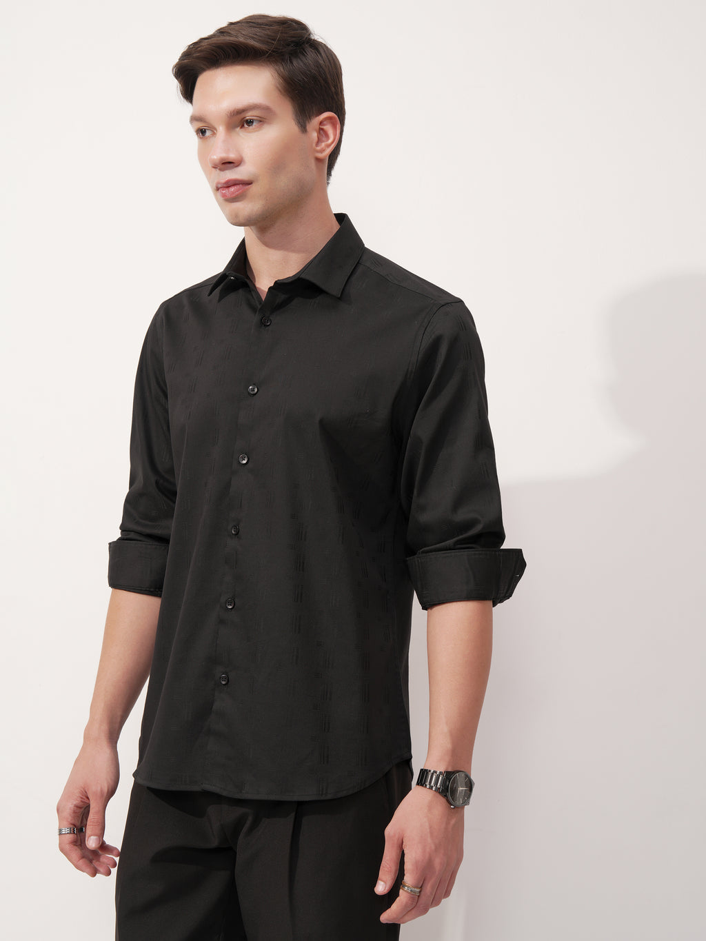 Highlander Men Black Self Design Slim Fit Casual Shirt - Black - Image 4