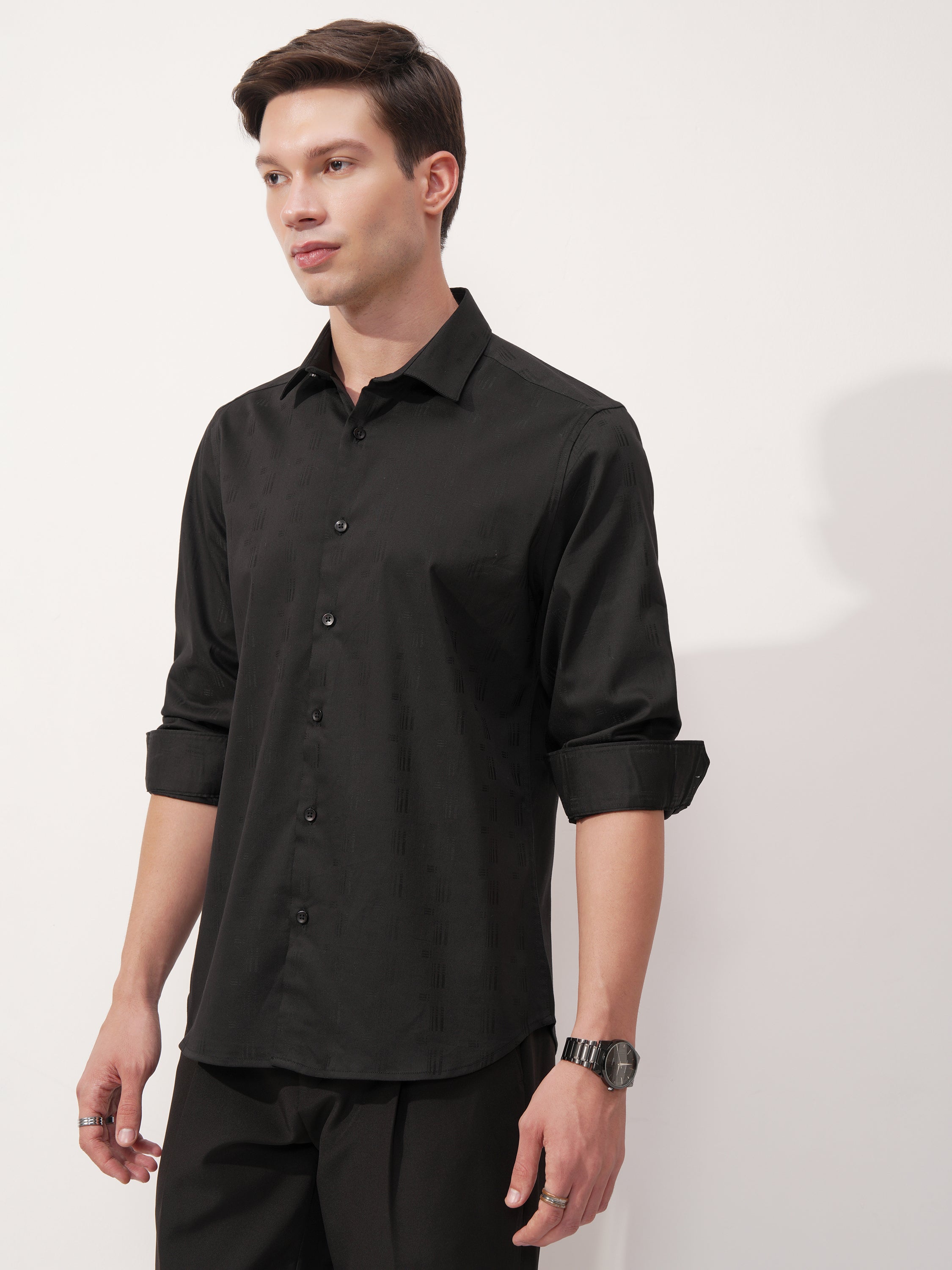 Highlander Men Black Self Design Slim Fit Casual Shirt - Black - Image 4