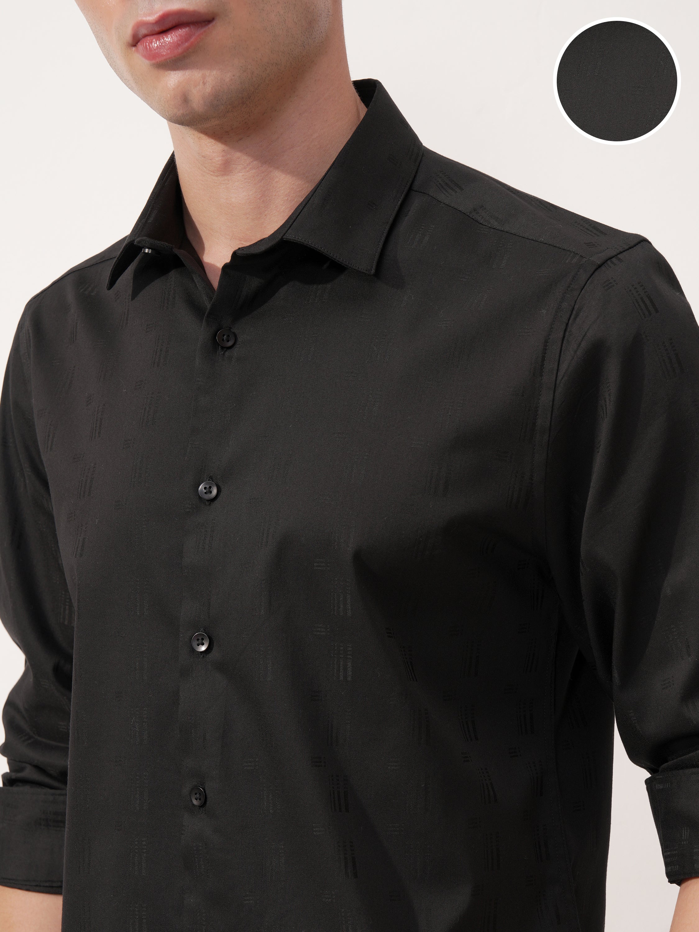 Highlander Men Black Self Design Slim Fit Casual Shirt - Black - Image 5