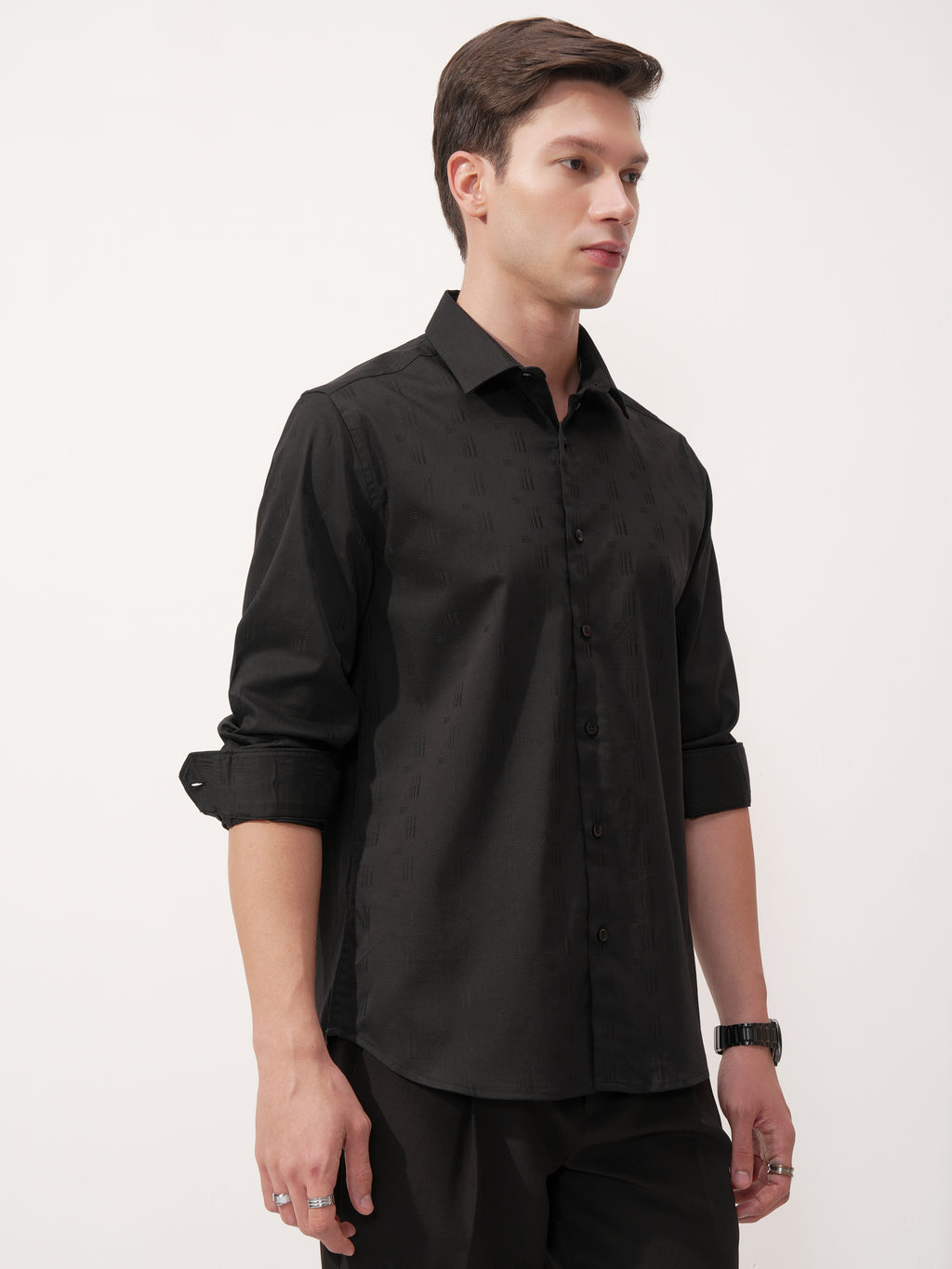Highlander Men Black Self Design Slim Fit Casual Shirt - Black - Image 6