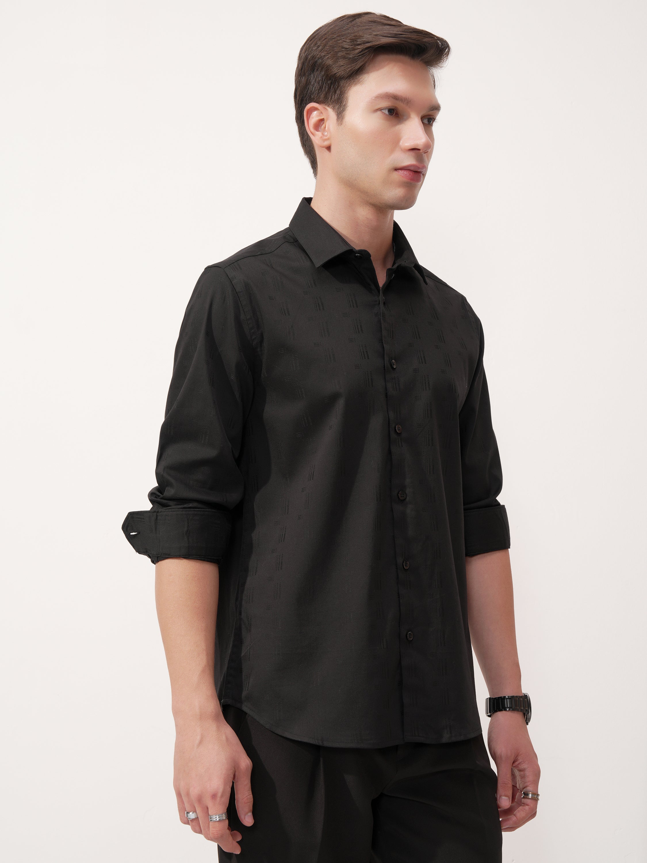 Highlander Men Black Self Design Slim Fit Casual Shirt - Black - Image 6