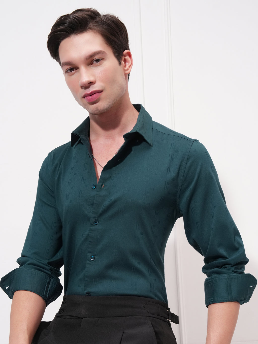 Highlander Men Teal Self Design Slim Fit Casual Shirt - Teal - Image 1