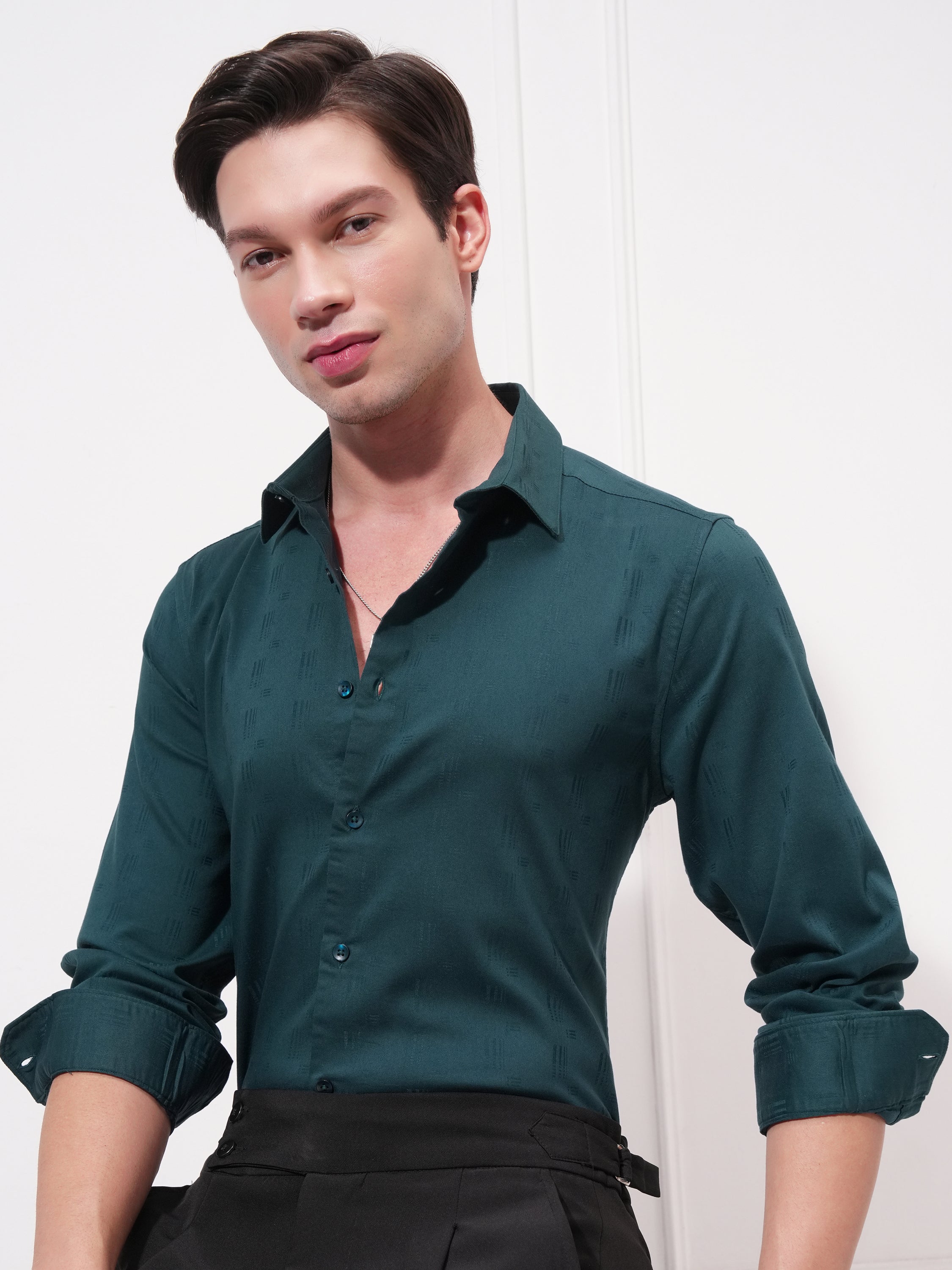 Highlander Men Teal Self Design Slim Fit Casual Shirt - Teal - Image 1