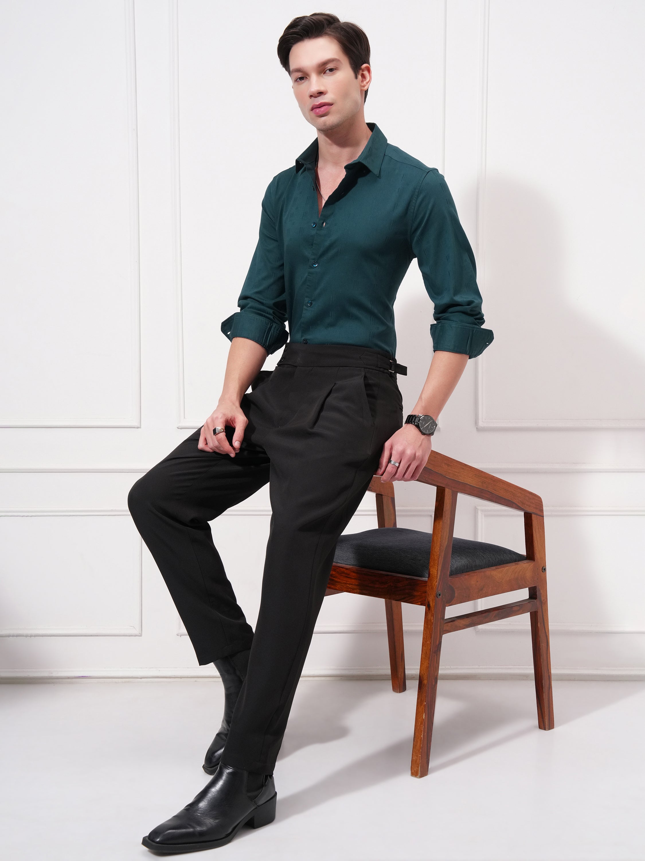 Highlander Men Teal Self Design Slim Fit Casual Shirt - Teal - Image 2