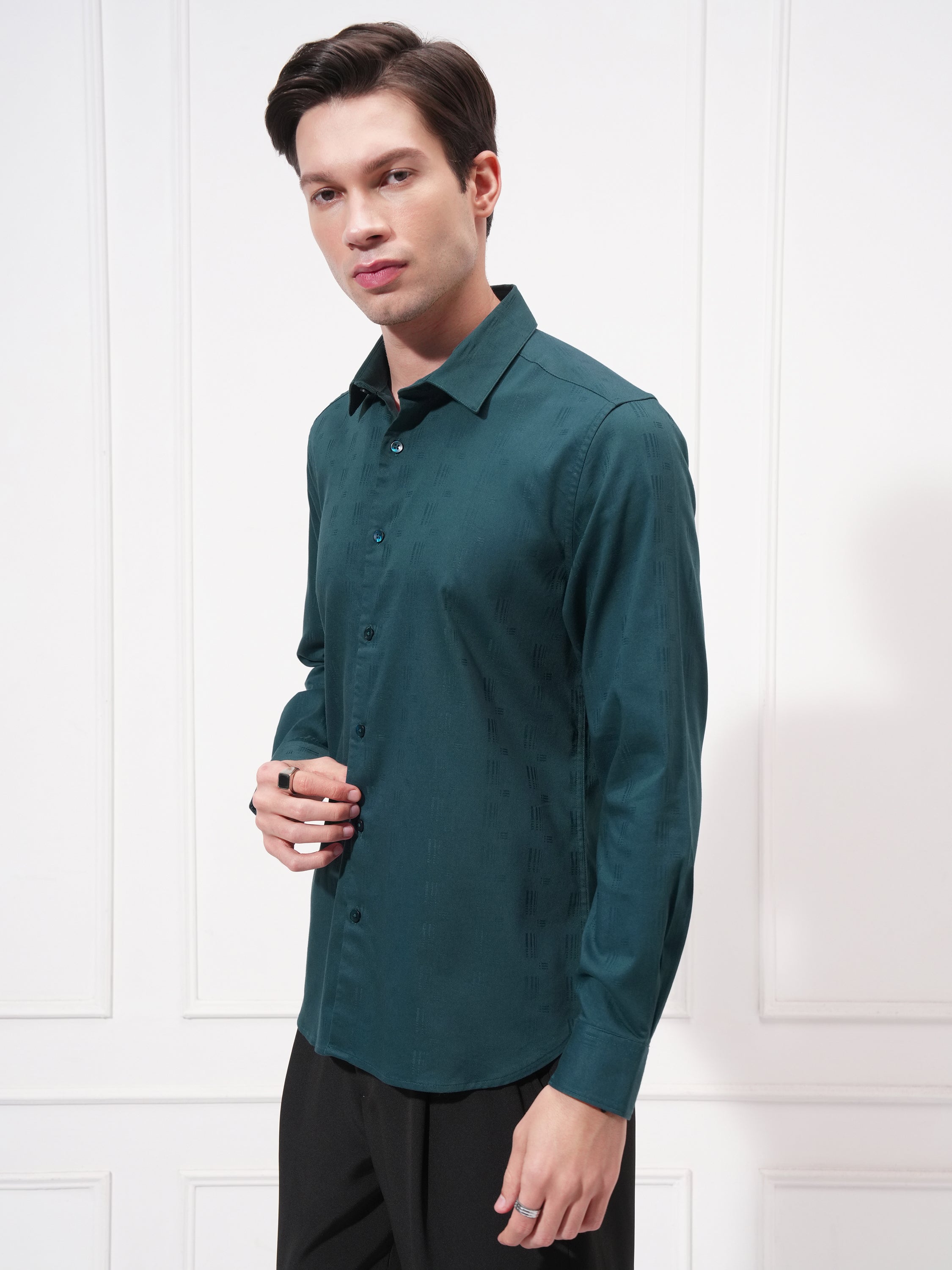 Highlander Men Teal Self Design Slim Fit Casual Shirt - Teal - Image 4