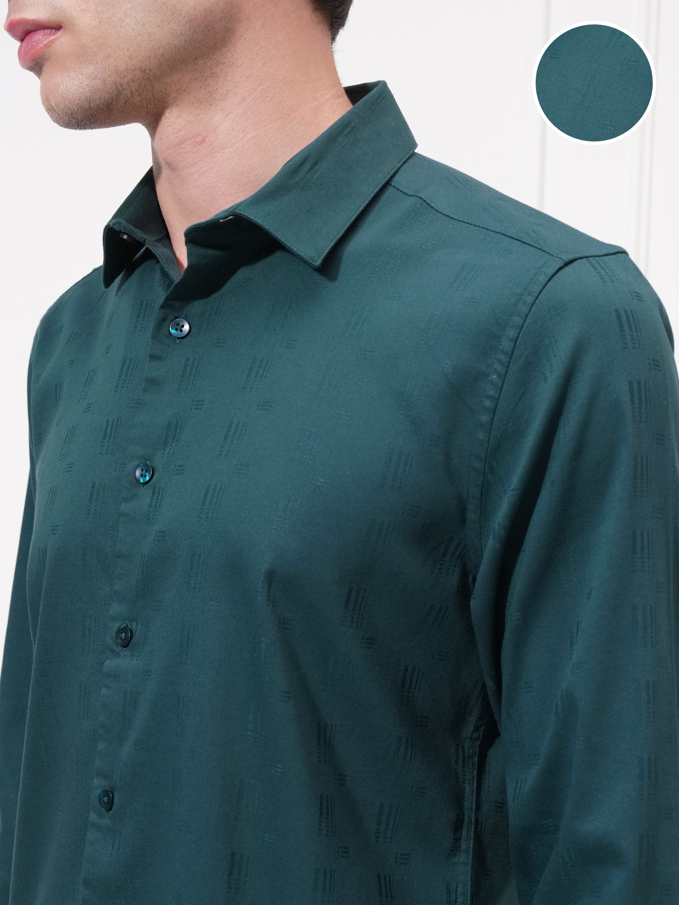 Highlander Men Teal Self Design Slim Fit Casual Shirt - Teal - Image 5
