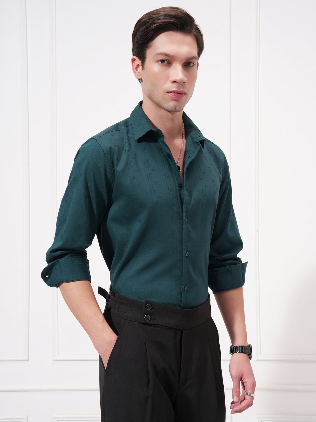 Highlander Men Teal Self Design Slim Fit Casual Shirt - Teal - Image 6