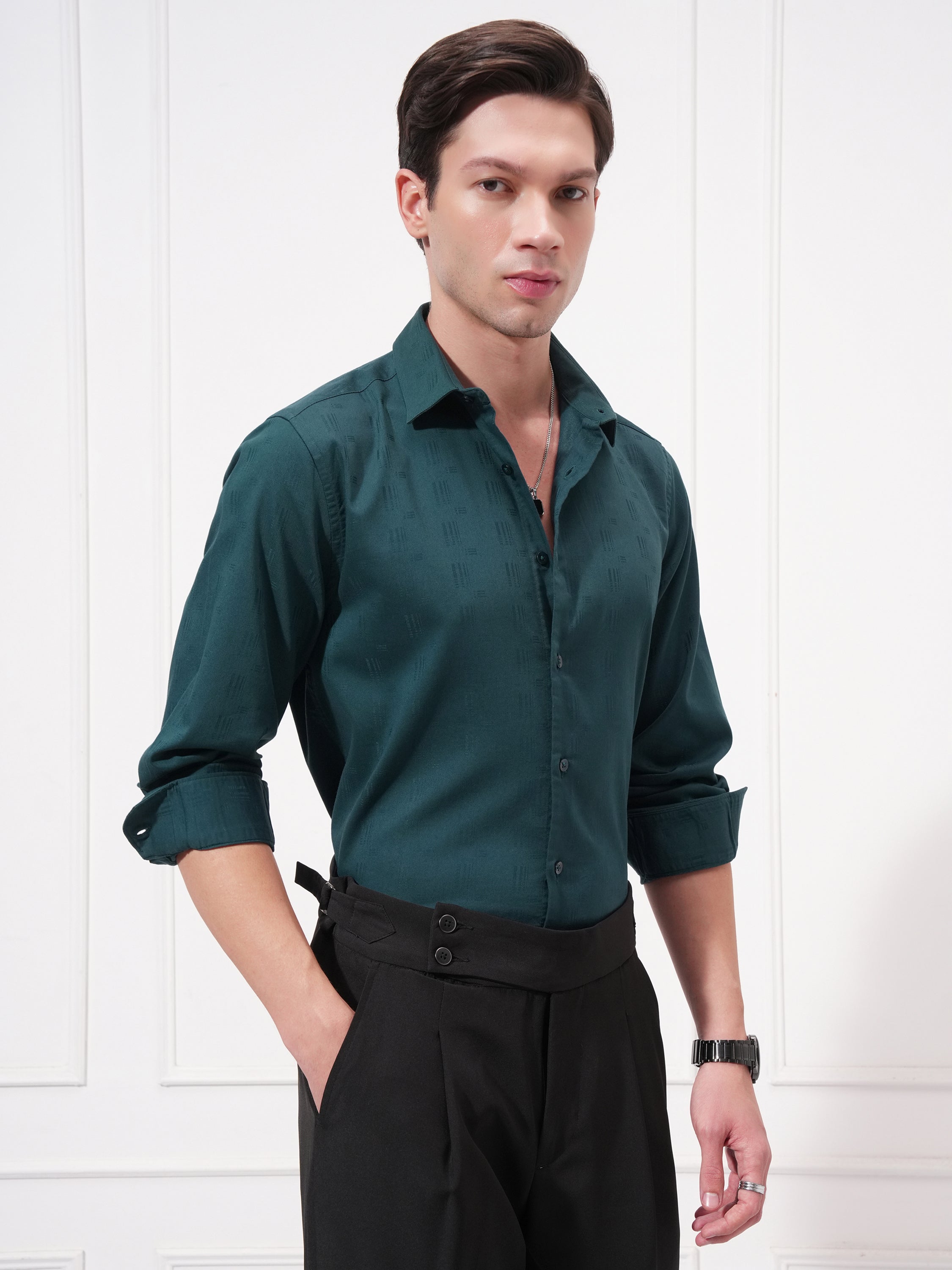 Highlander Men Teal Self Design Slim Fit Casual Shirt - Teal - Image 6