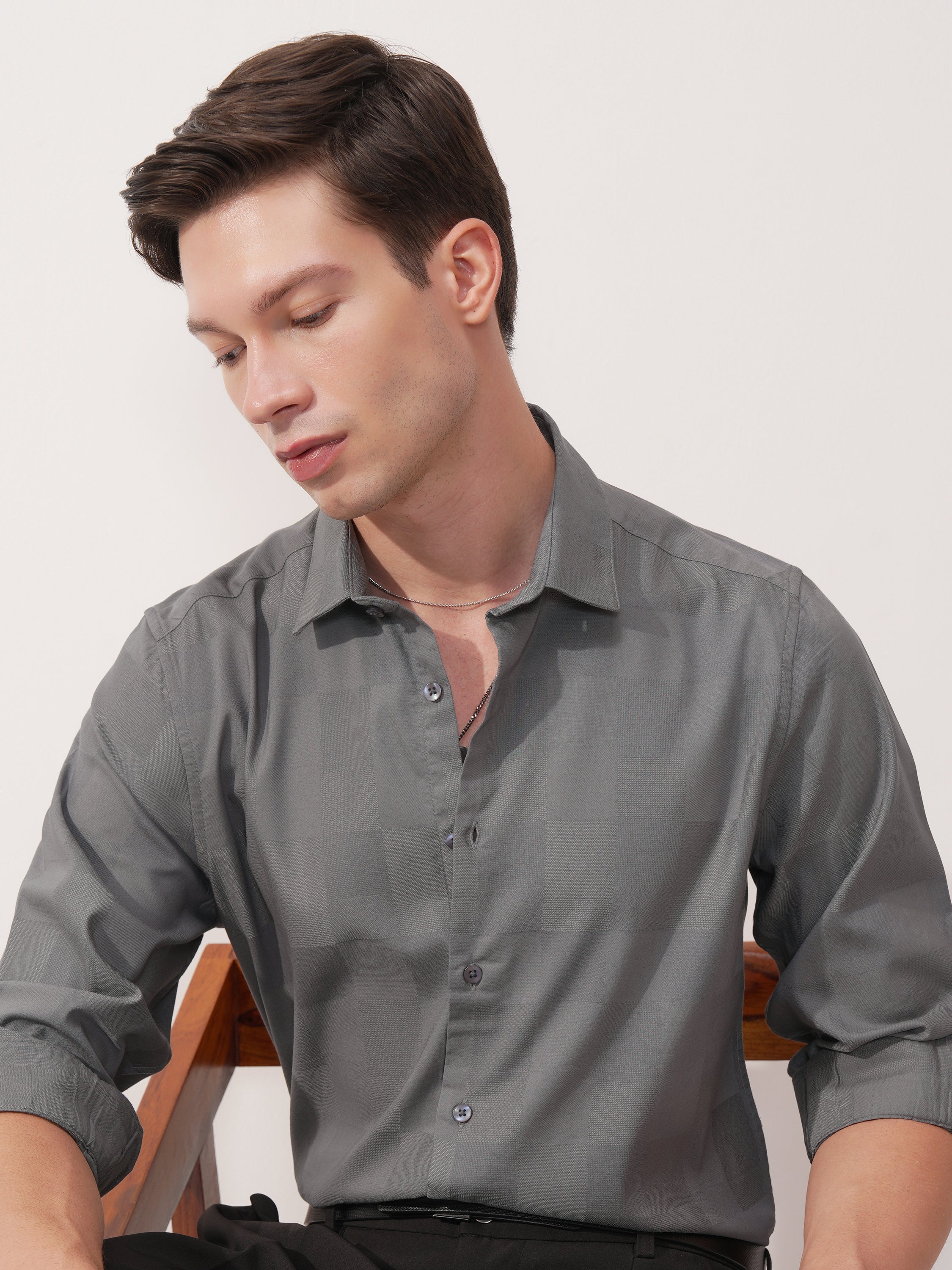 Highlander Men Grey Self Design Slim Fit Casual Shirt - Grey - Image 1