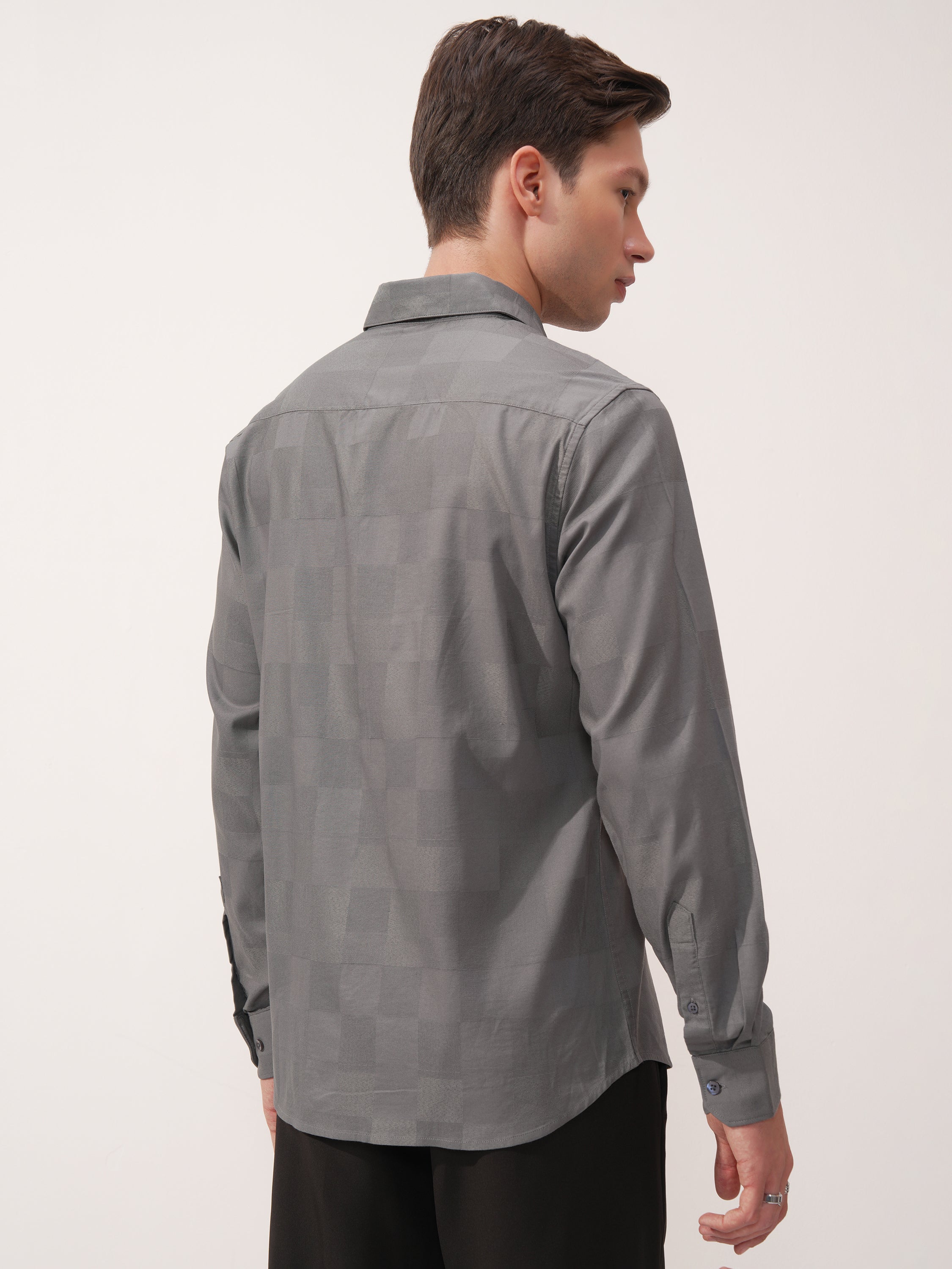 Highlander Men Grey Self Design Slim Fit Casual Shirt - Grey - Image 3
