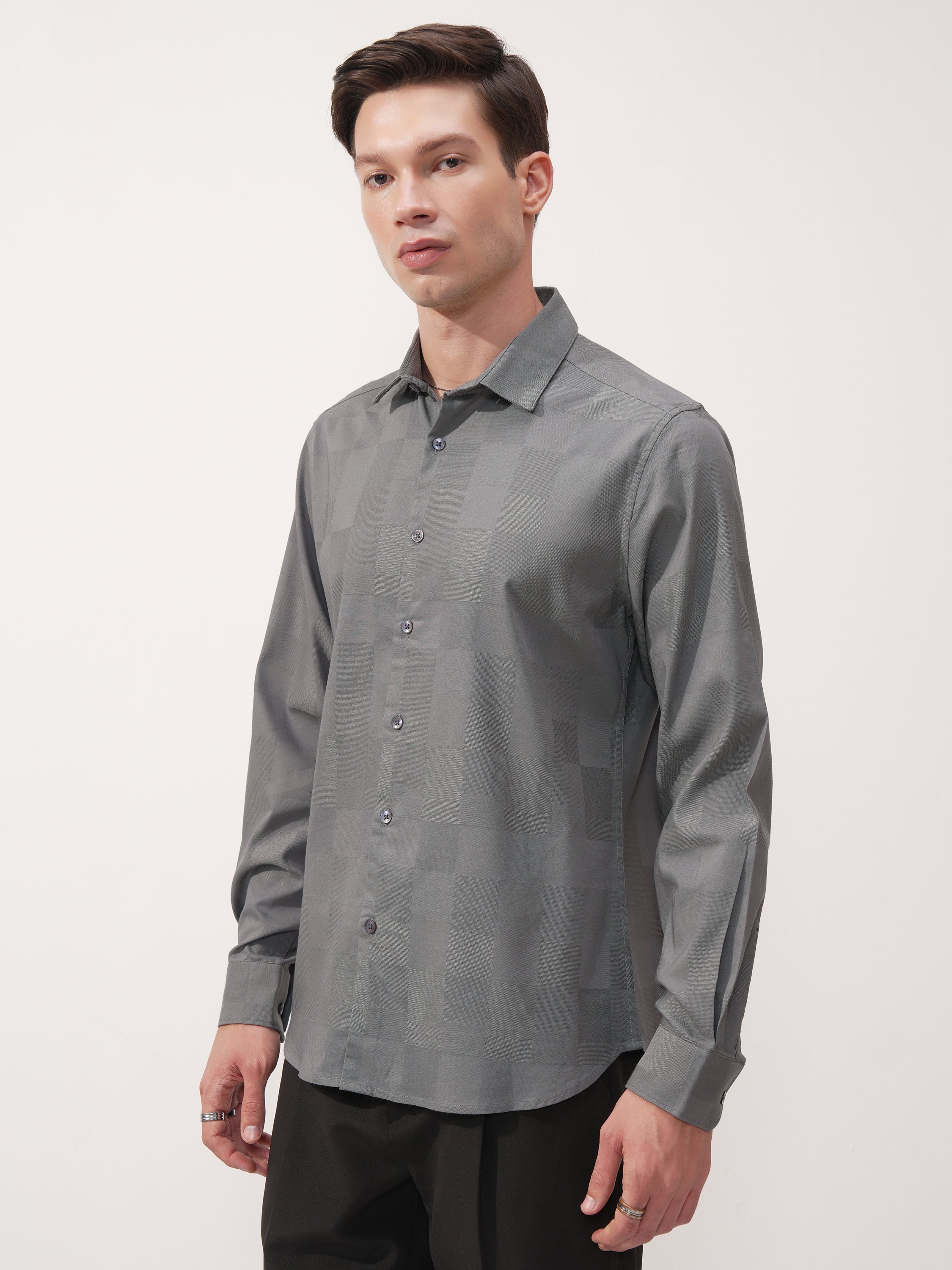 Highlander Men Grey Self Design Slim Fit Casual Shirt - Grey - Image 4