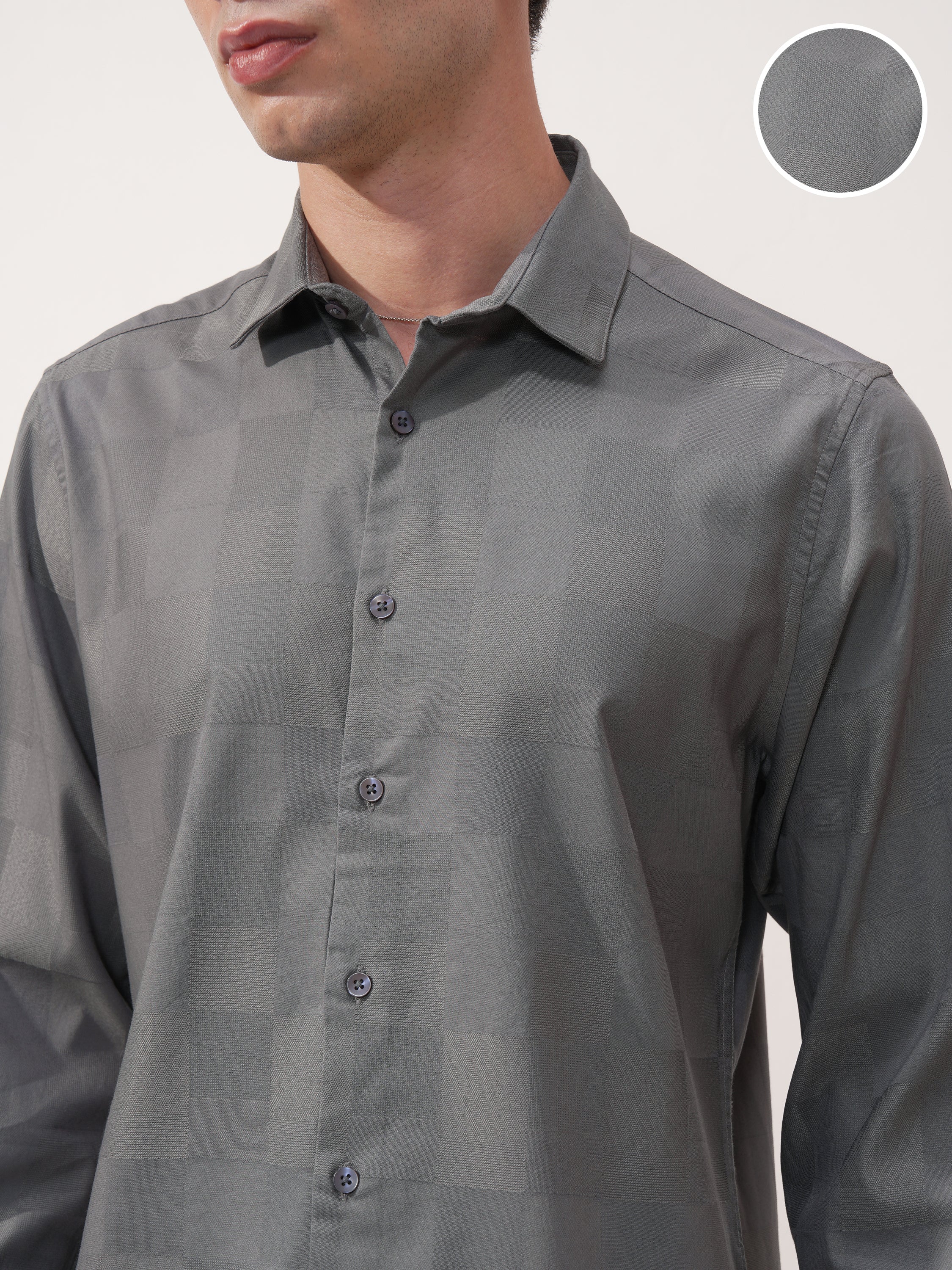 Highlander Men Grey Self Design Slim Fit Casual Shirt - Grey - Image 5