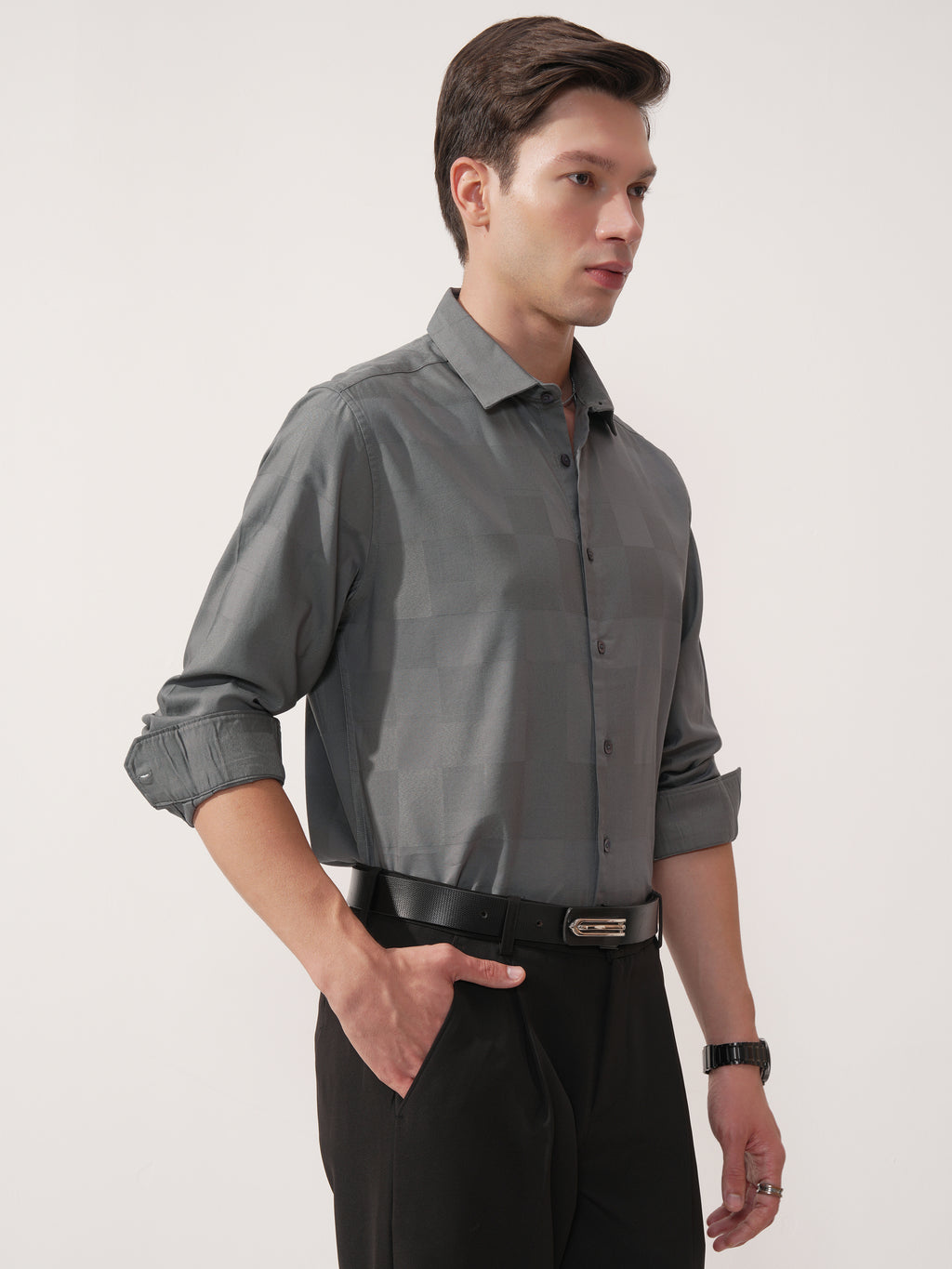 Highlander Men Grey Self Design Slim Fit Casual Shirt - Grey - Image 6