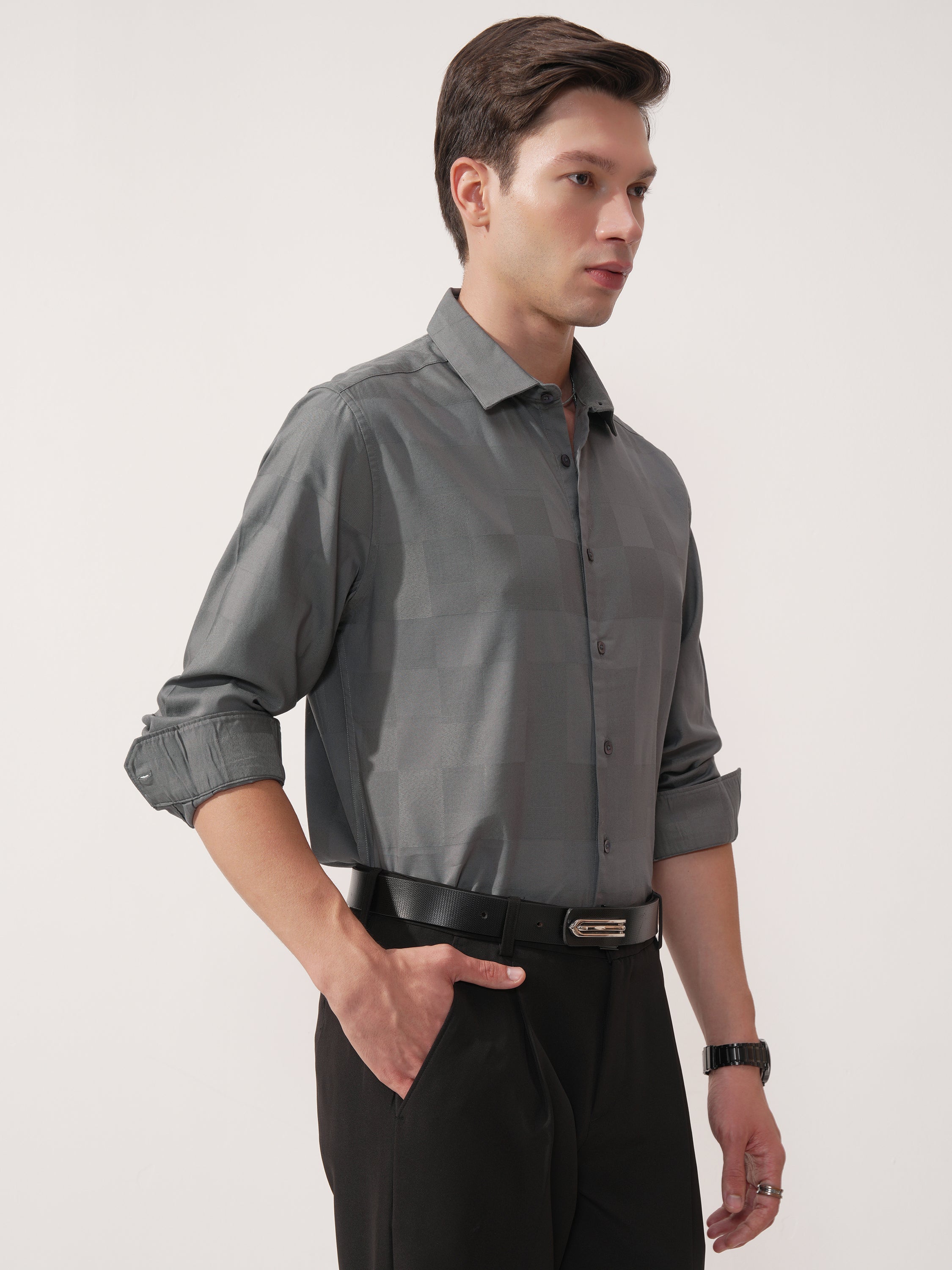 Highlander Men Grey Self Design Slim Fit Casual Shirt - Grey - Image 6